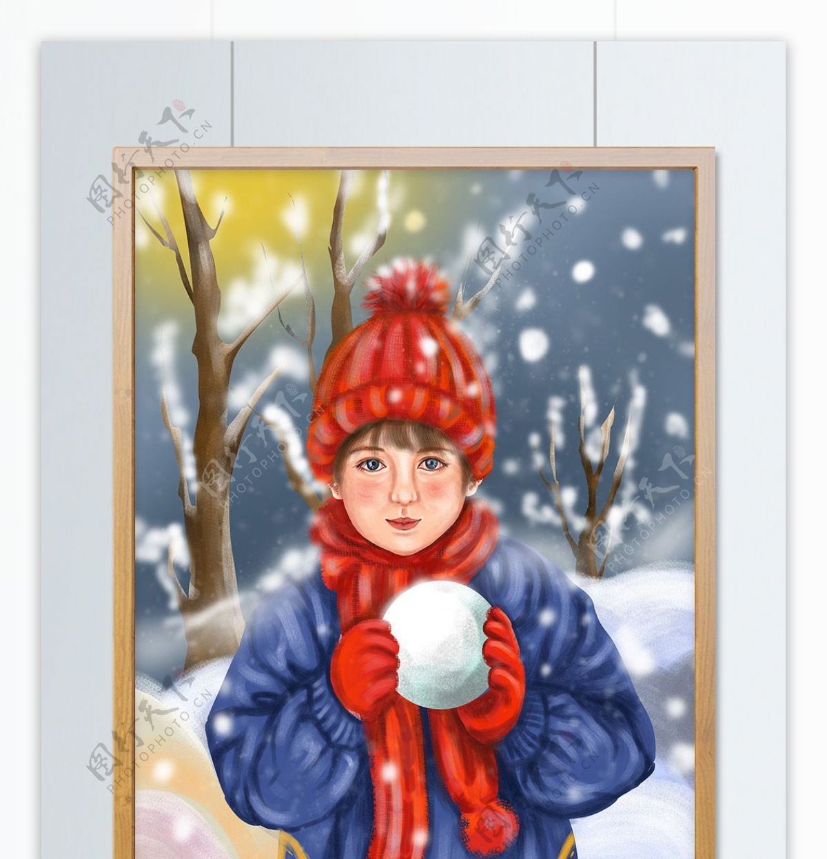 冬天你好雪花雪球雪地寒冷帽子围巾小孩季节