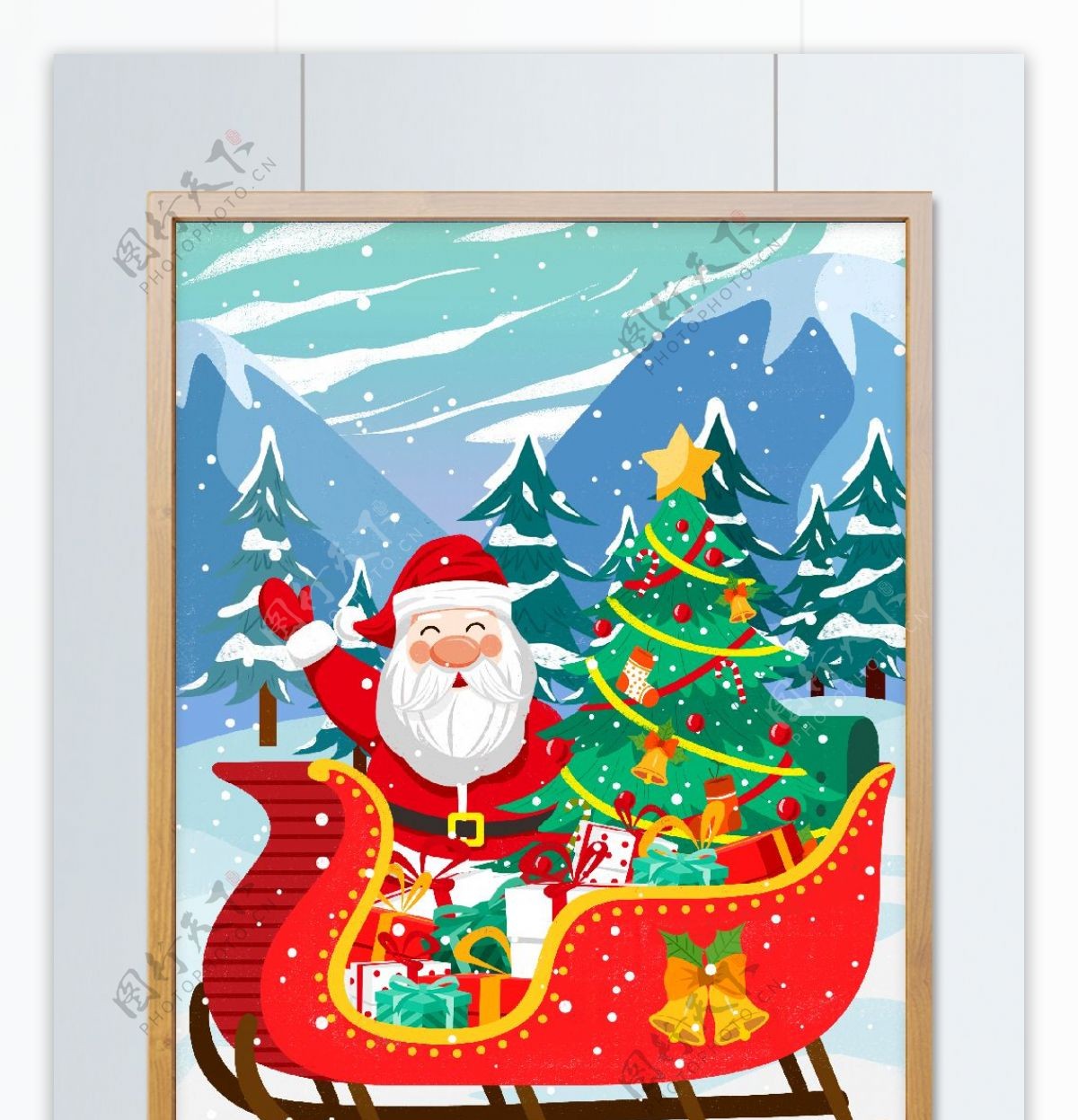 西方节日圣诞节雪橇送礼圣诞老人插画
