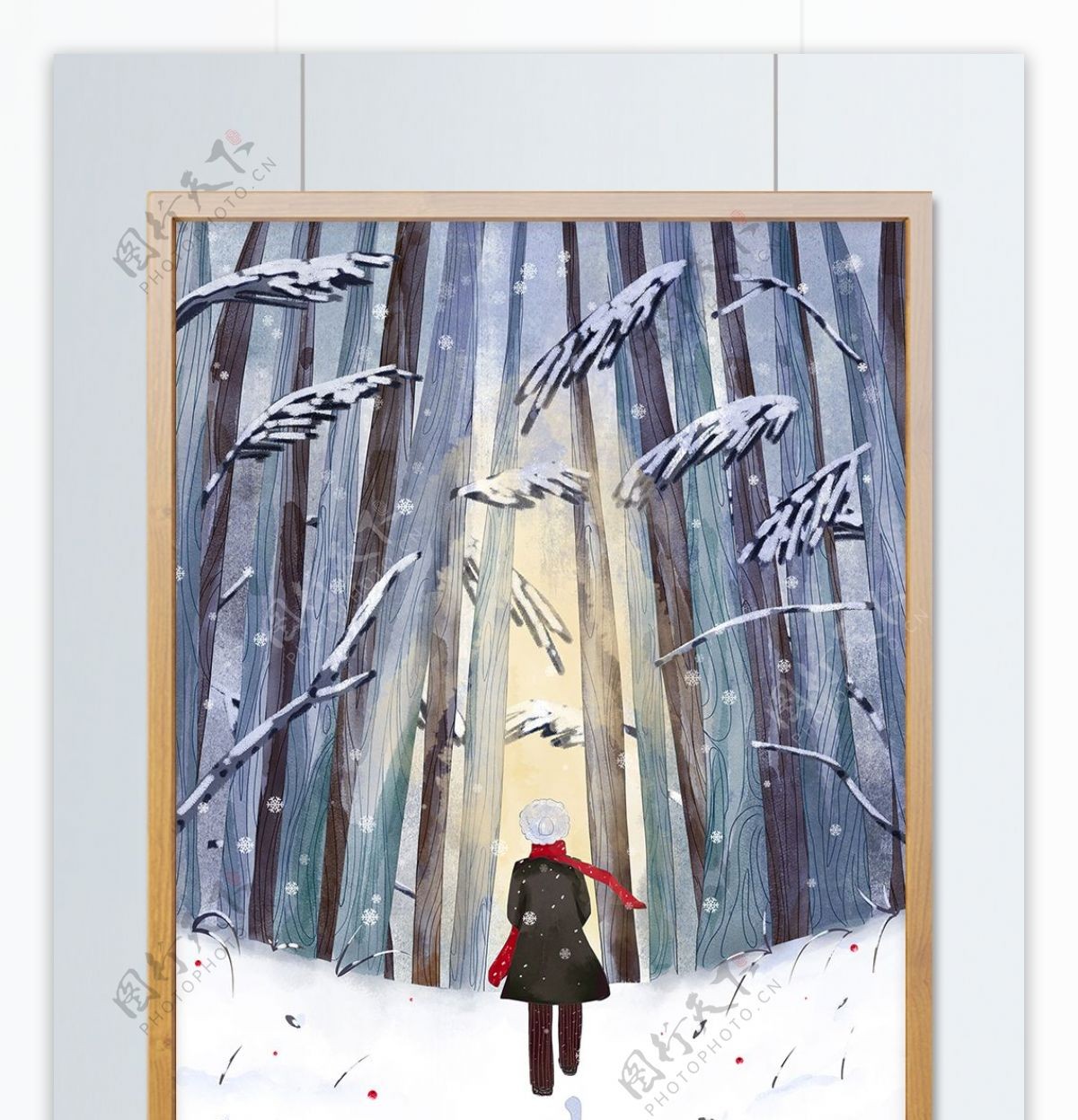 原创二十四节气立冬森林散步水彩雪景插画
