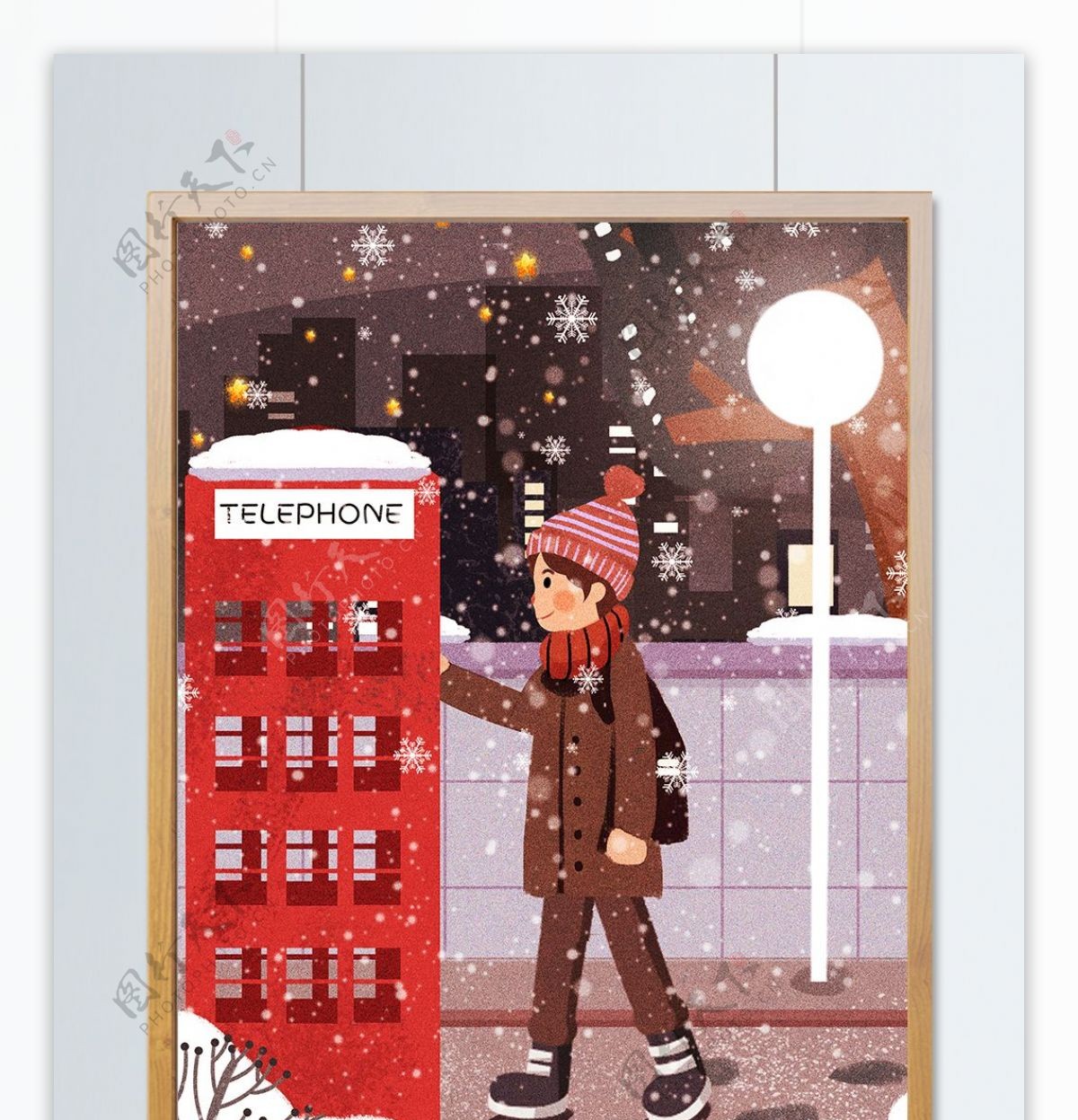 原创唯美冬季街道上的男孩插画