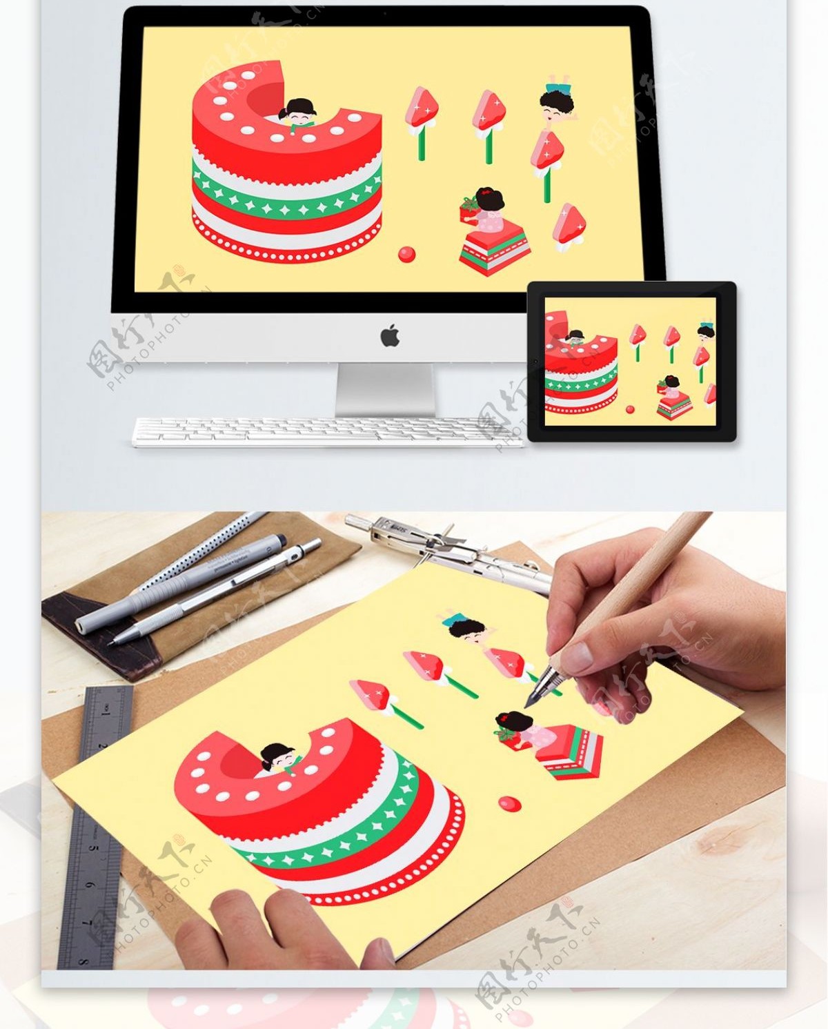 25D千层草莓蛋糕字母C插画