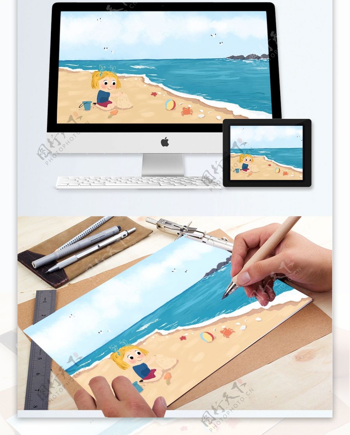海边女孩沙滩手绘海边插画