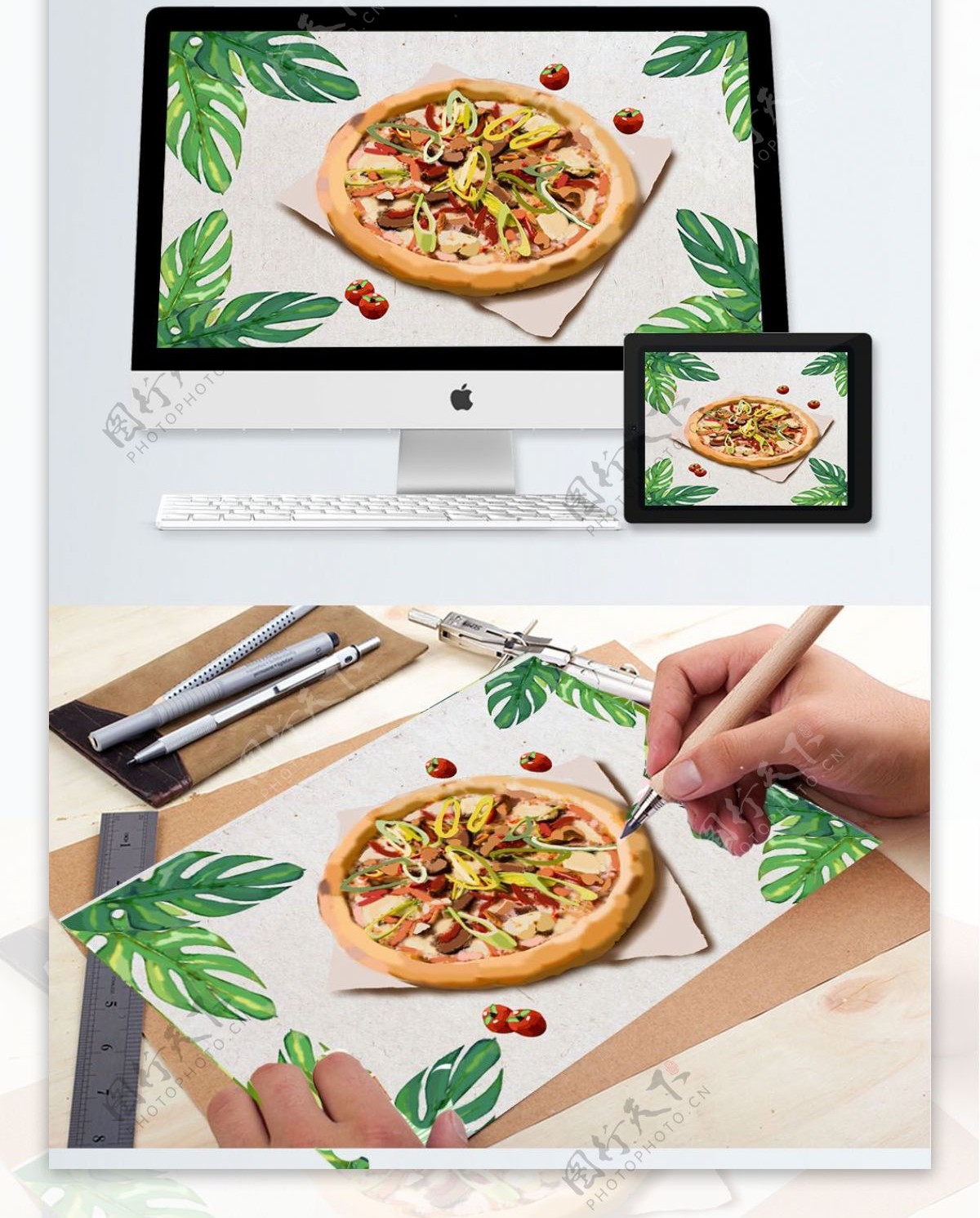 原创写实插画手绘美食食物披萨Pizza