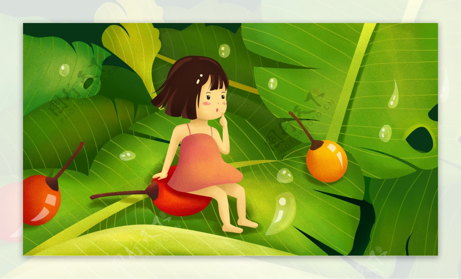 梦游仙境之芭蕉叶夏季女孩果子植物树叶插画