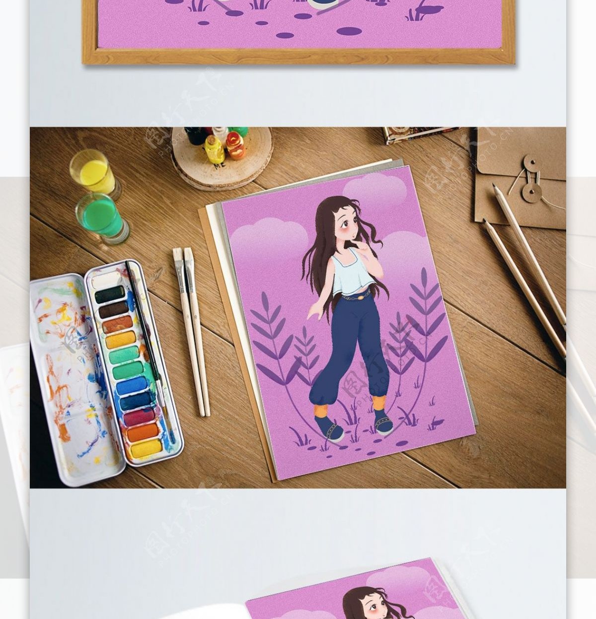 粉紫色背景卡通可爱女孩原创插画