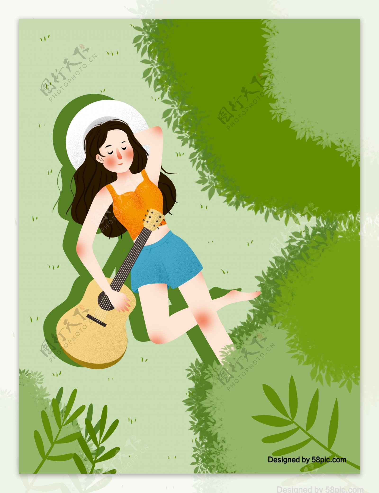 清新草坪上拿着吉他的女孩原创插画