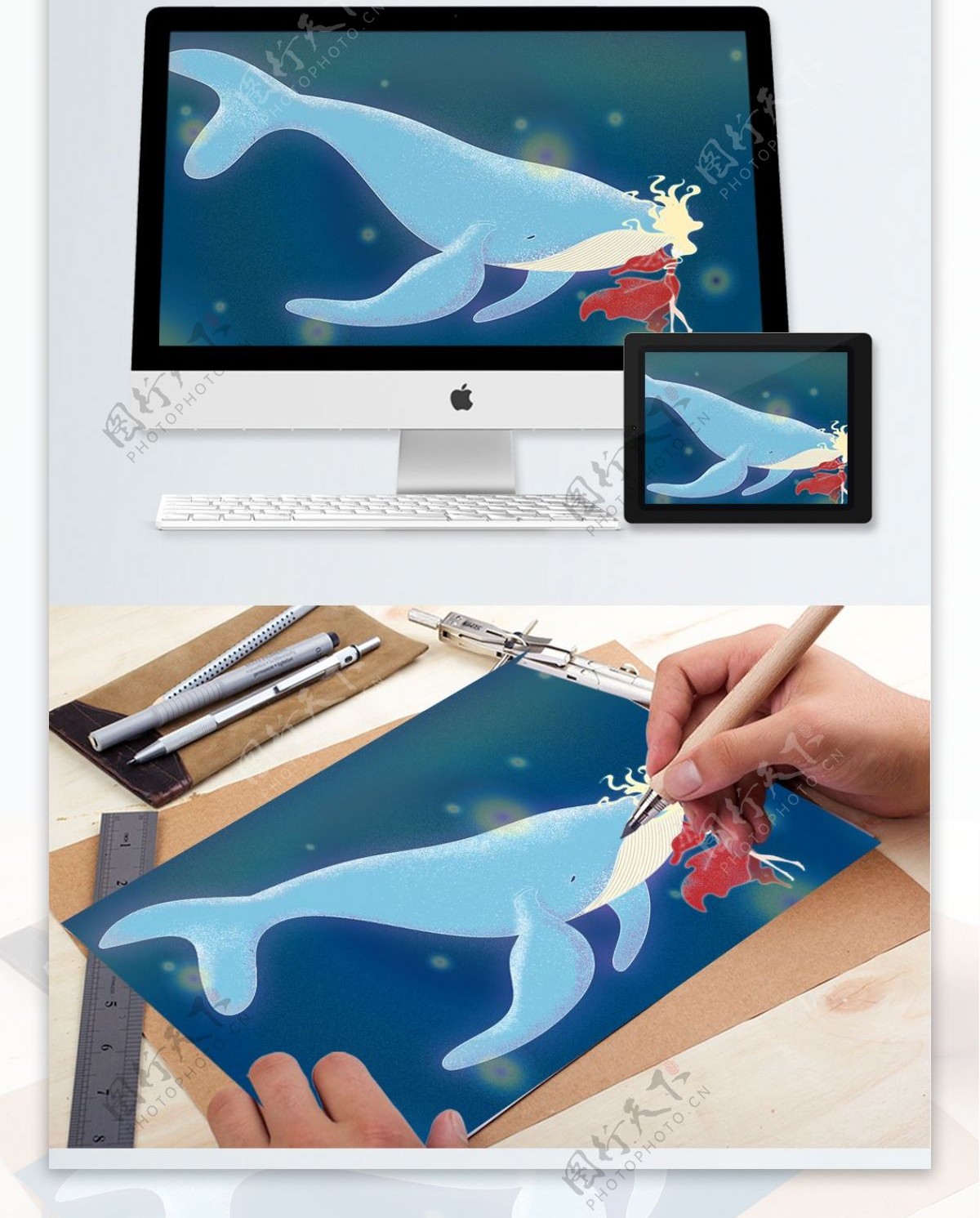 深海遇鲸主题治愈系插画鲸鱼与女孩