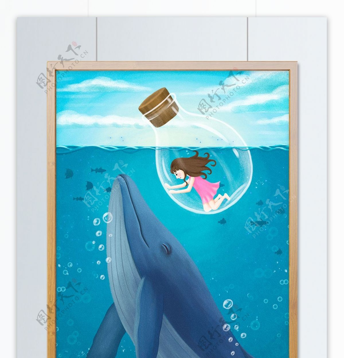 唯美治愈鲸鱼与女孩漂流瓶手绘插画