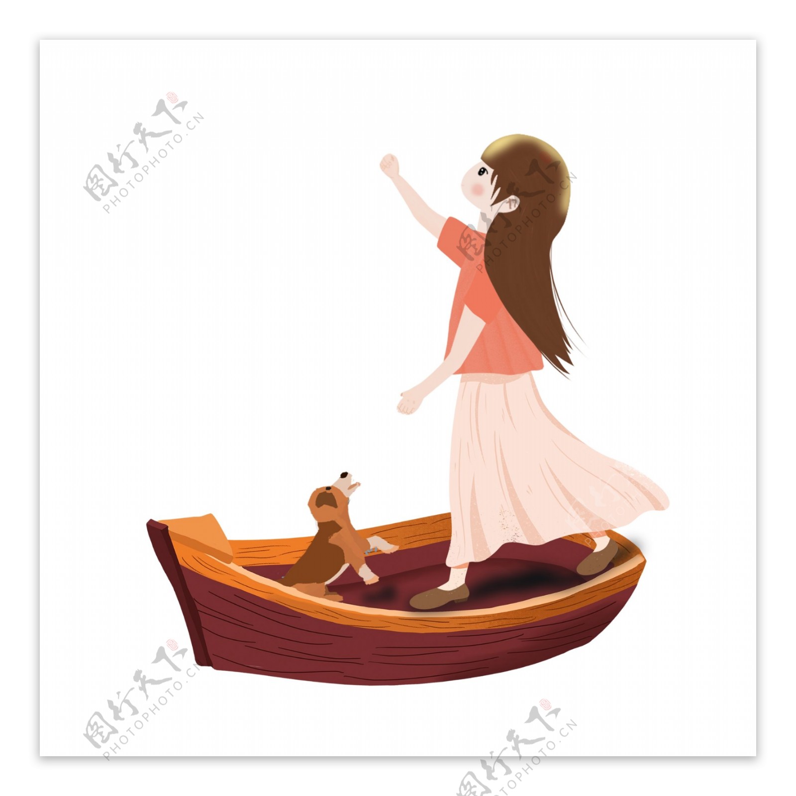 卡通木船上的女孩图案元素