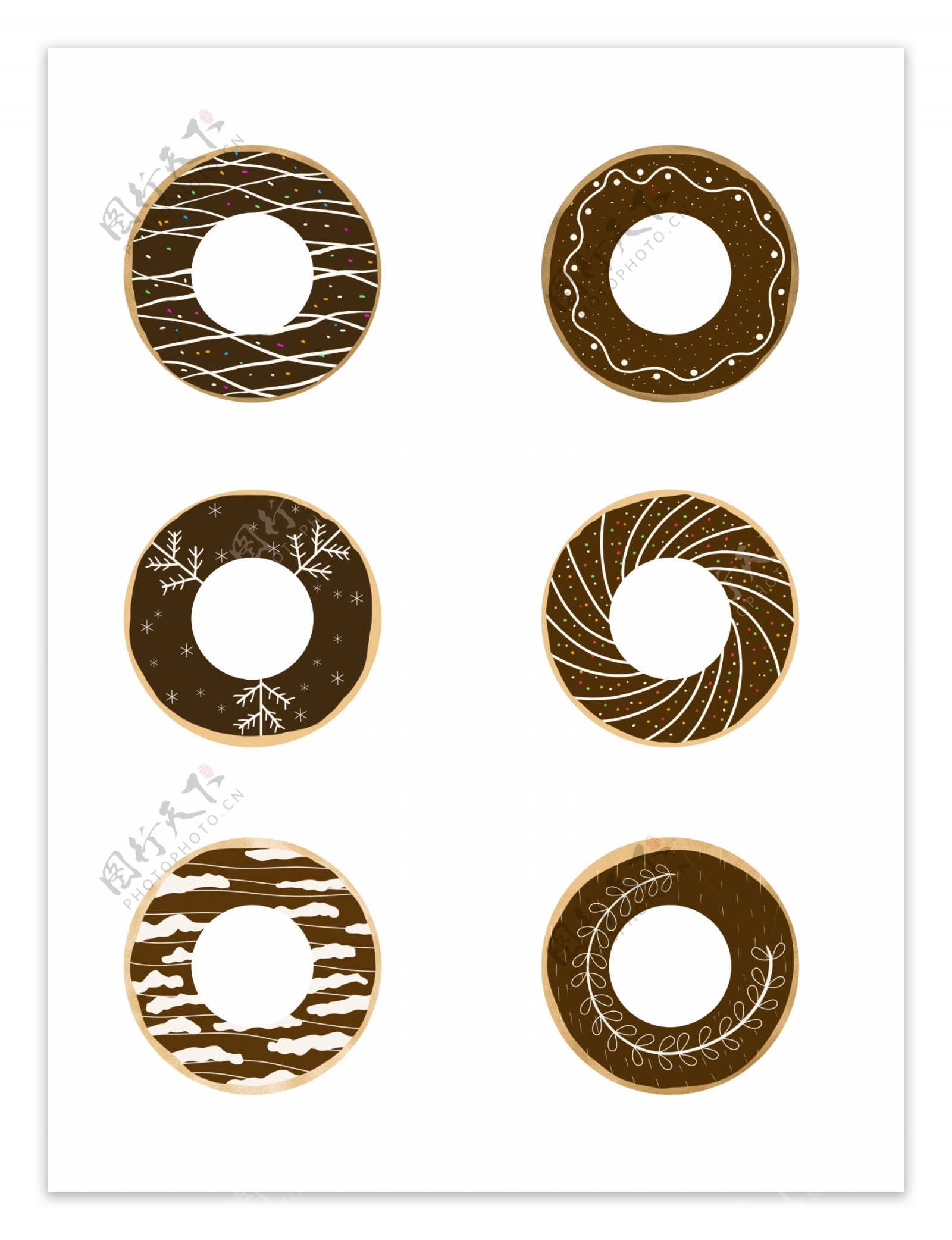 手绘棕色巧克力甜甜圈甜品甜点美食元素合集