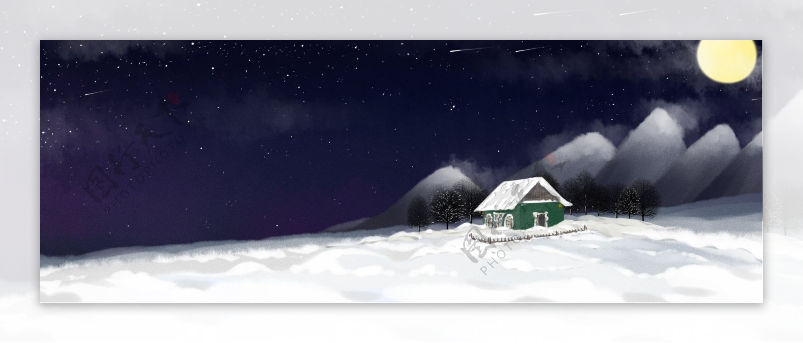 纯手绘原创冬天星空夜晚月亮房子水彩背景