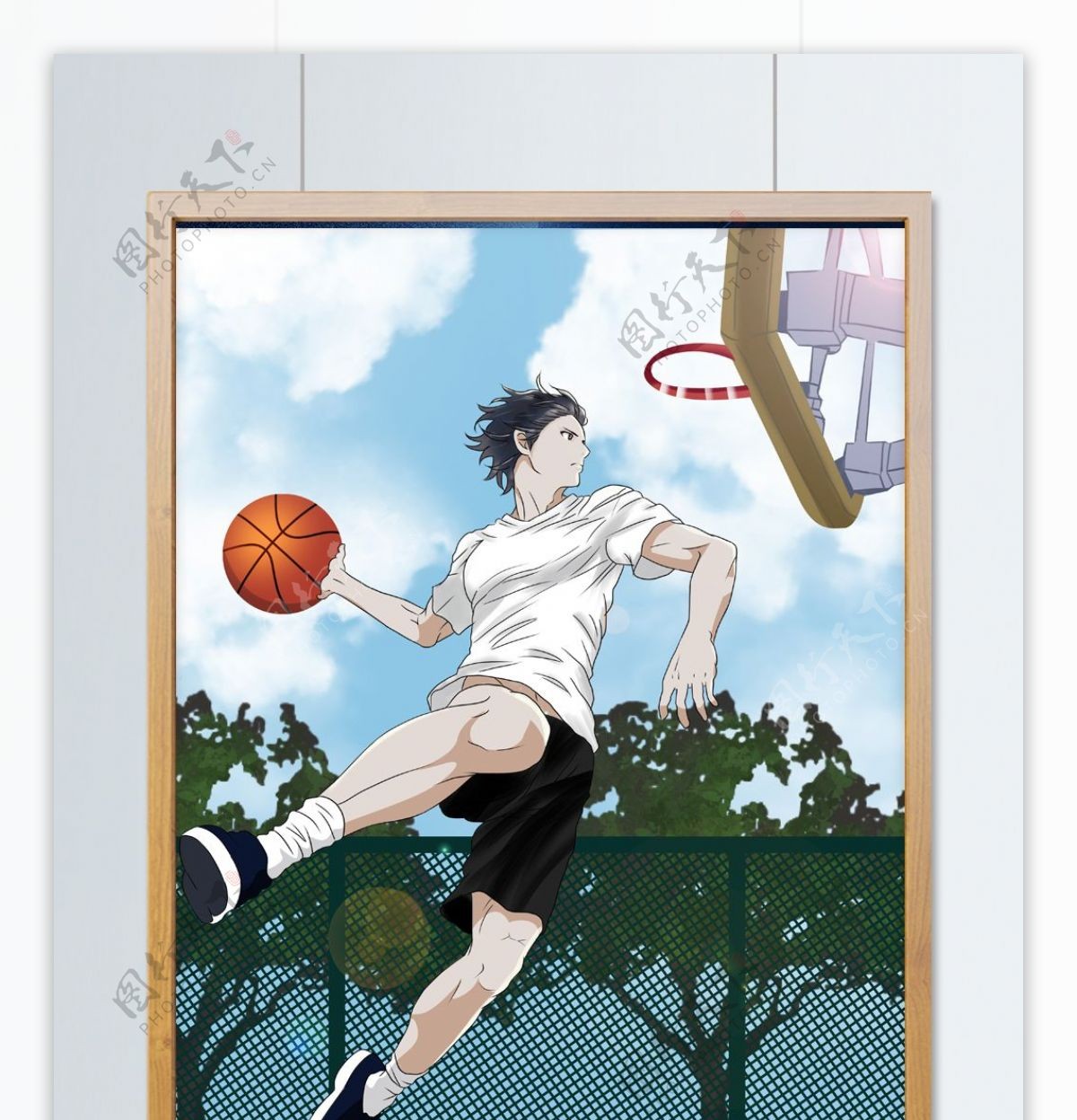 原创手绘插画男孩在篮球场打篮球
