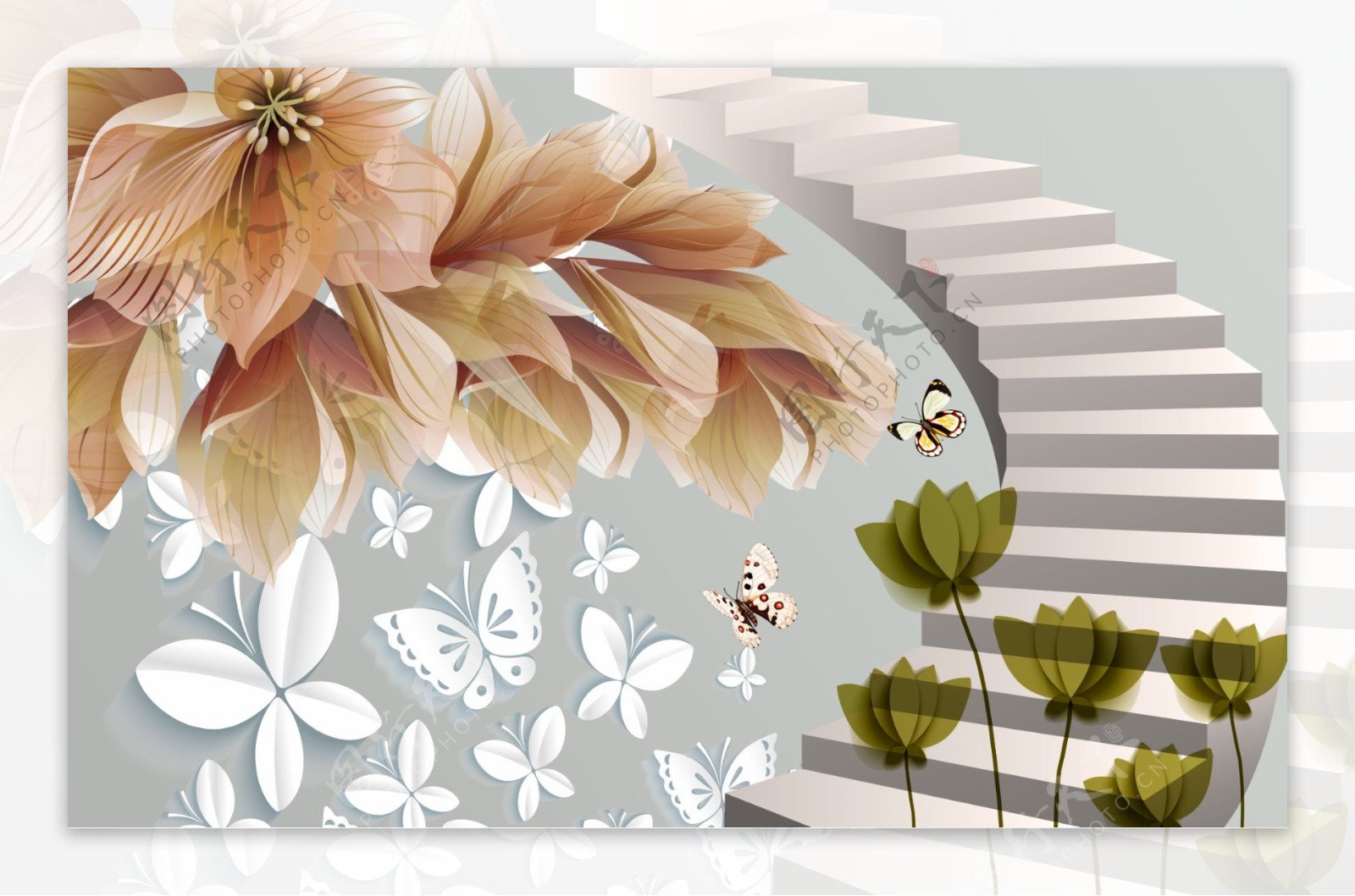 3d立体抽象花卉台阶背景墙