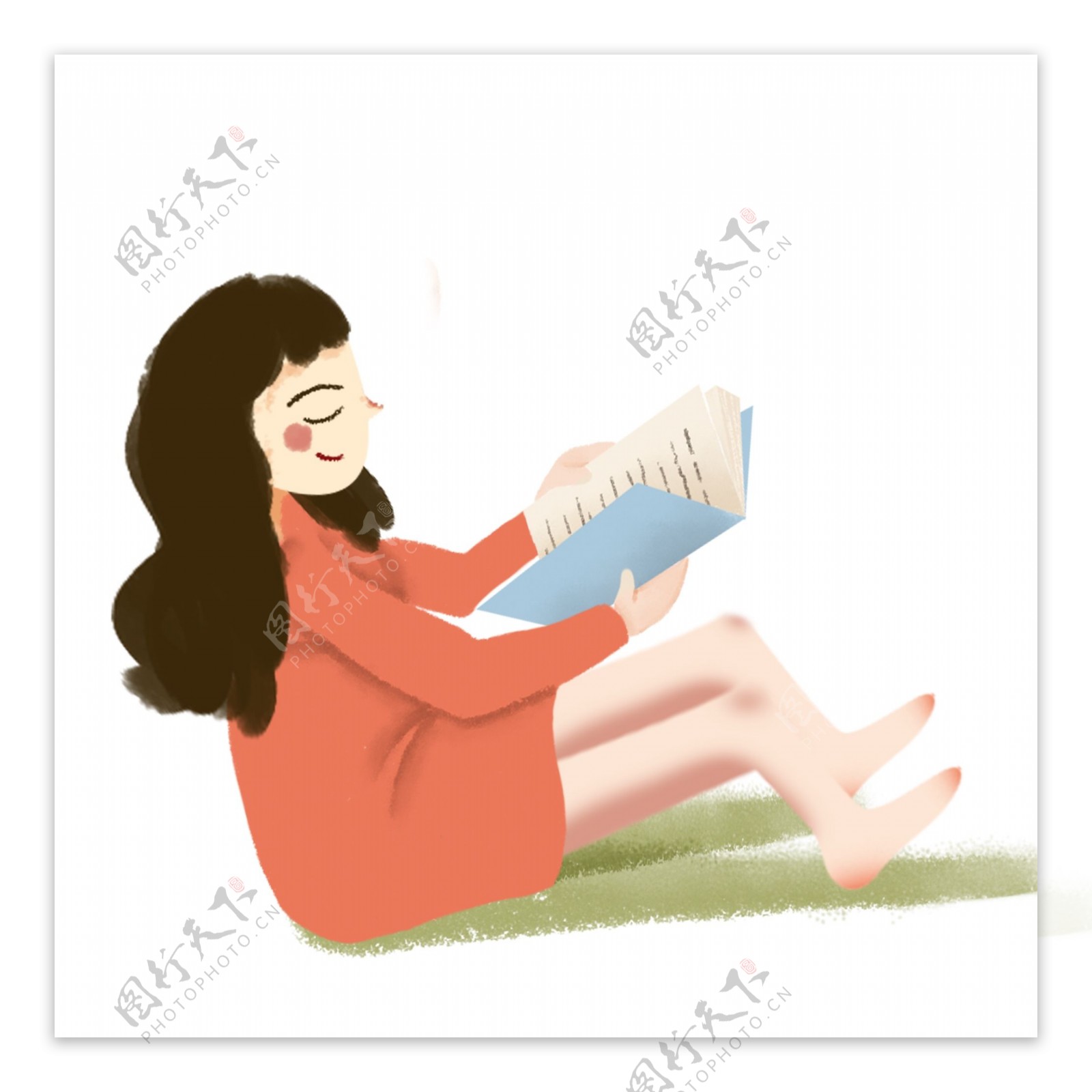 坐着看书的女孩图案元素