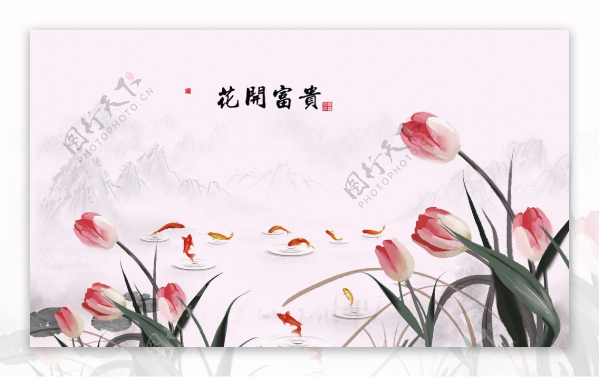 中式花朵山水玄关屏风电视背景壁