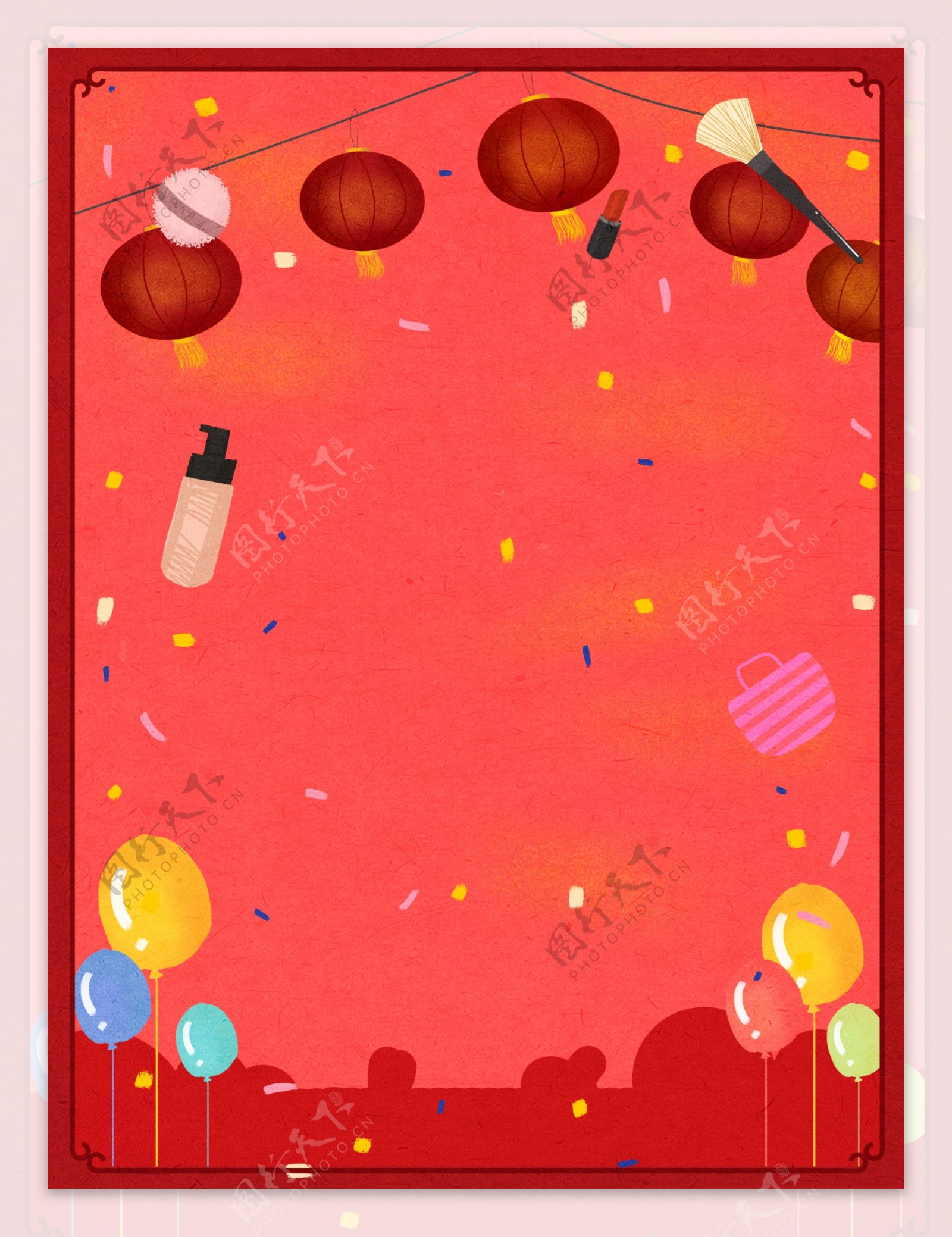 手绘传统新年灯笼气球喜庆背景设计