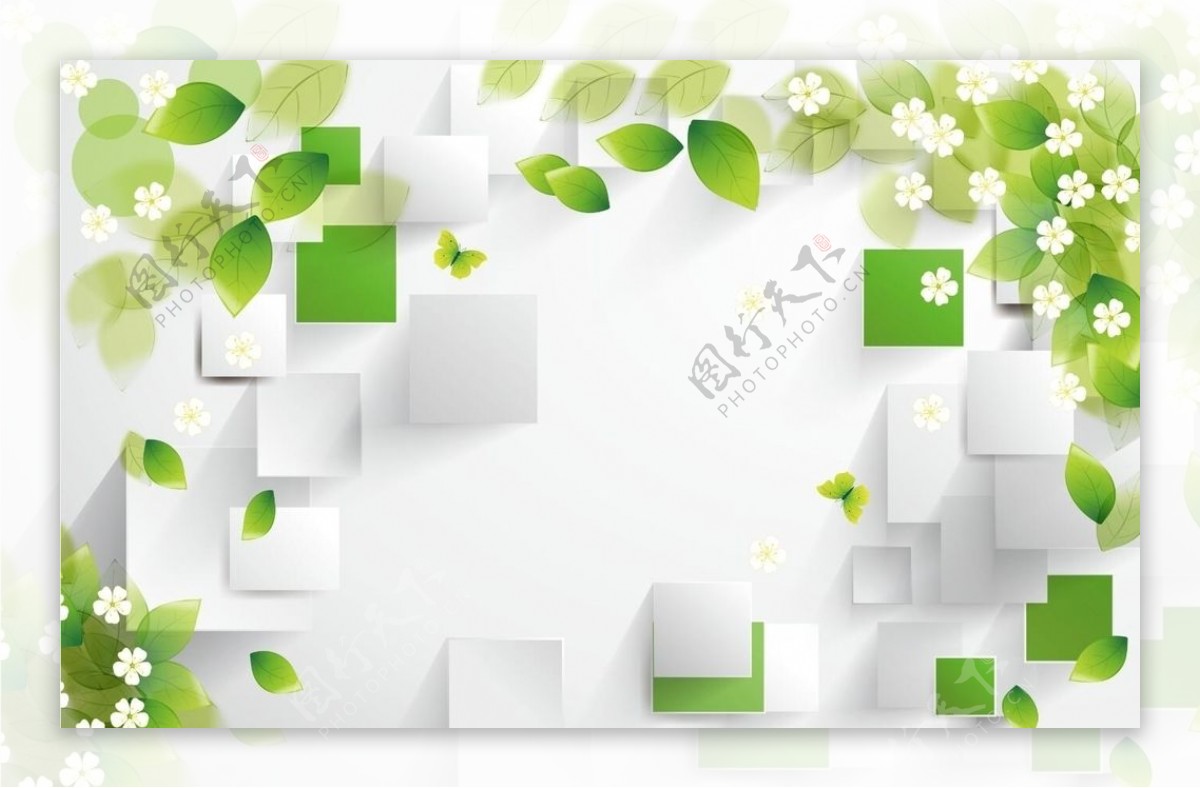 3D绿叶小白花