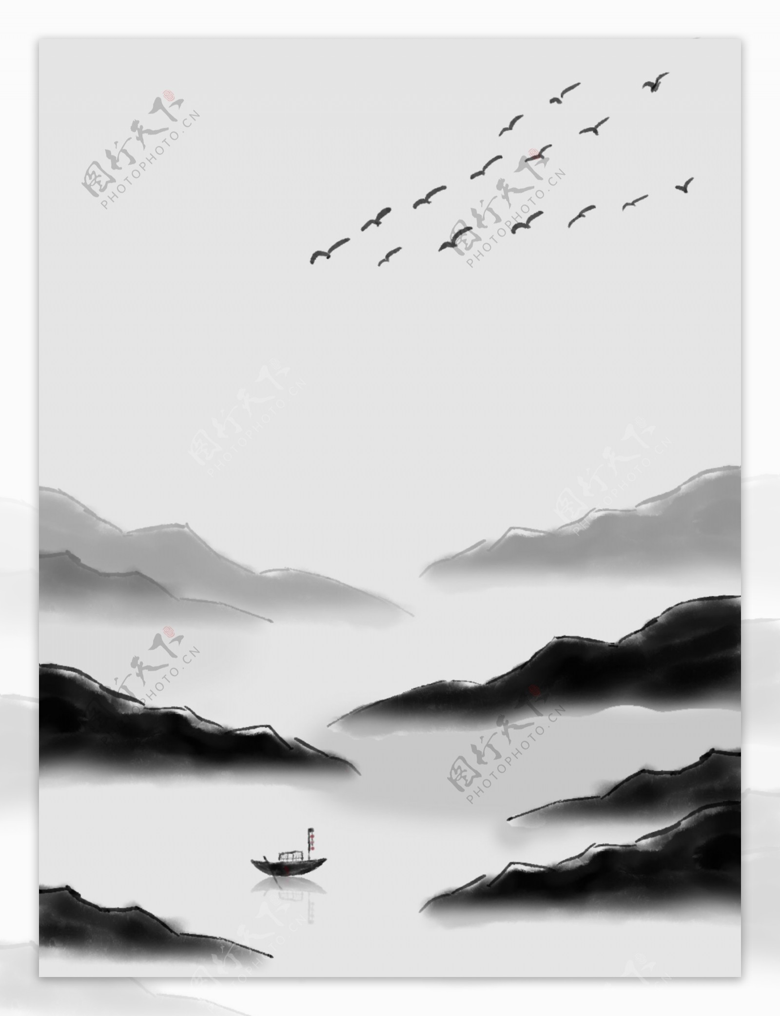 大雁孤山中国风山水孤舟水墨画