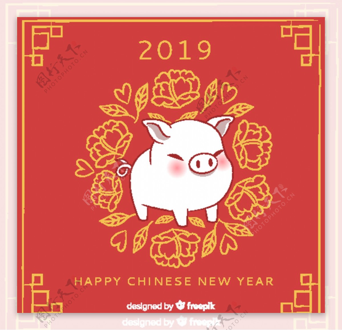 2019年白色猪和牡丹花贺卡