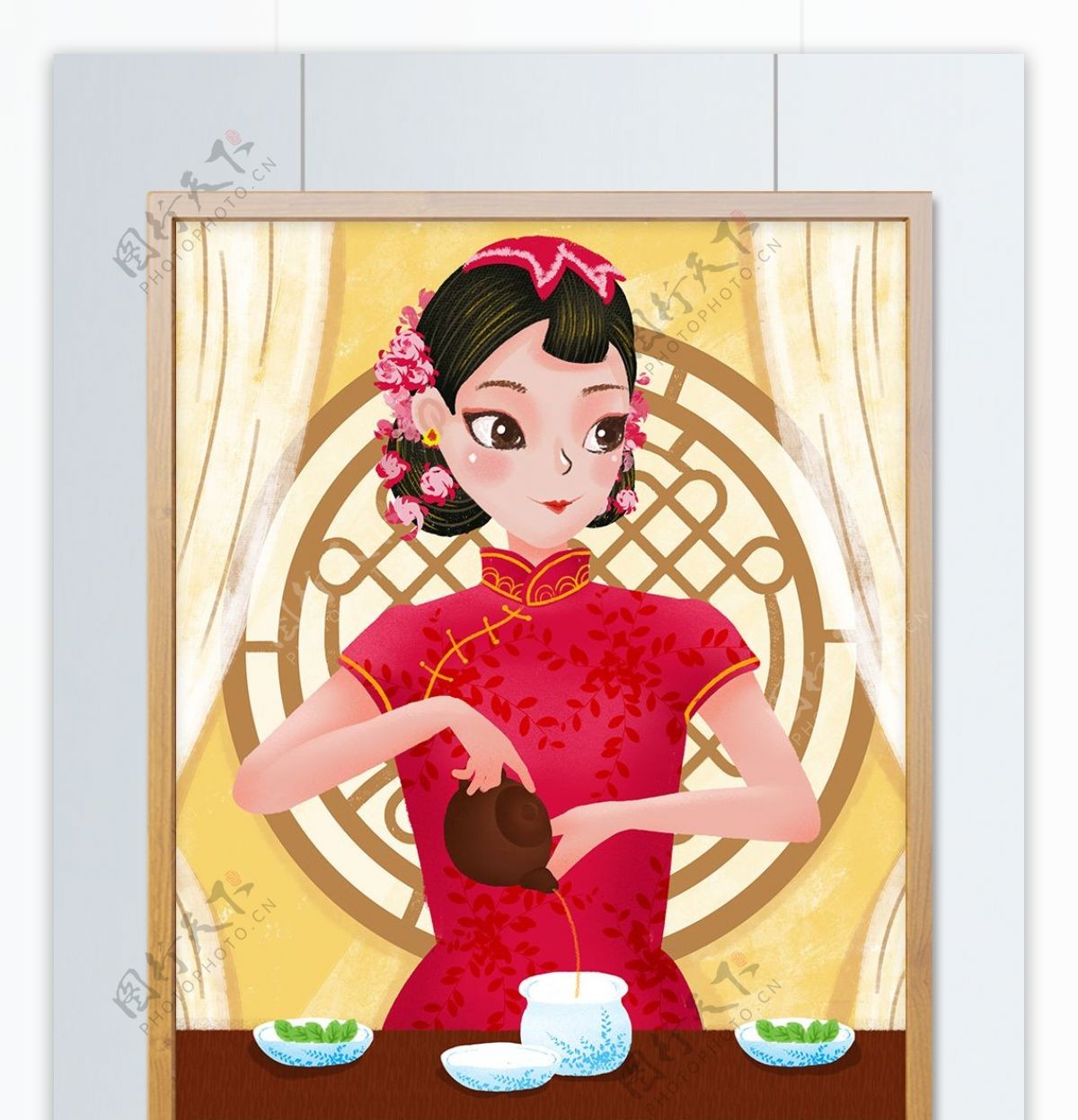 春茶节传统中国美女沏茶品茶小清新插画