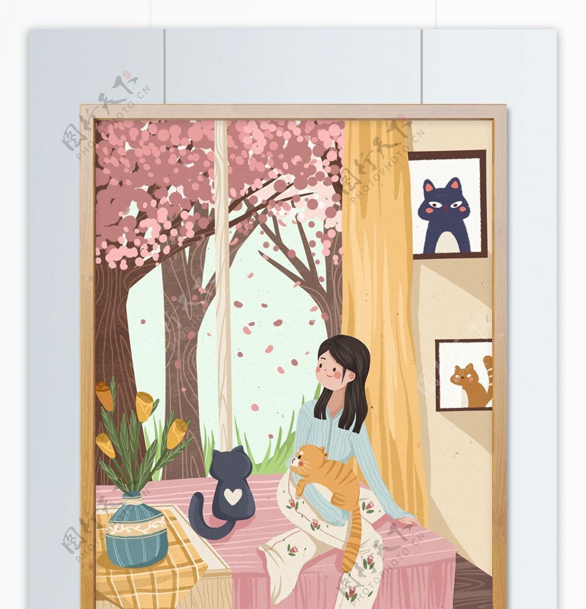 日本樱花季女孩在房间赏花小清新可爱插画