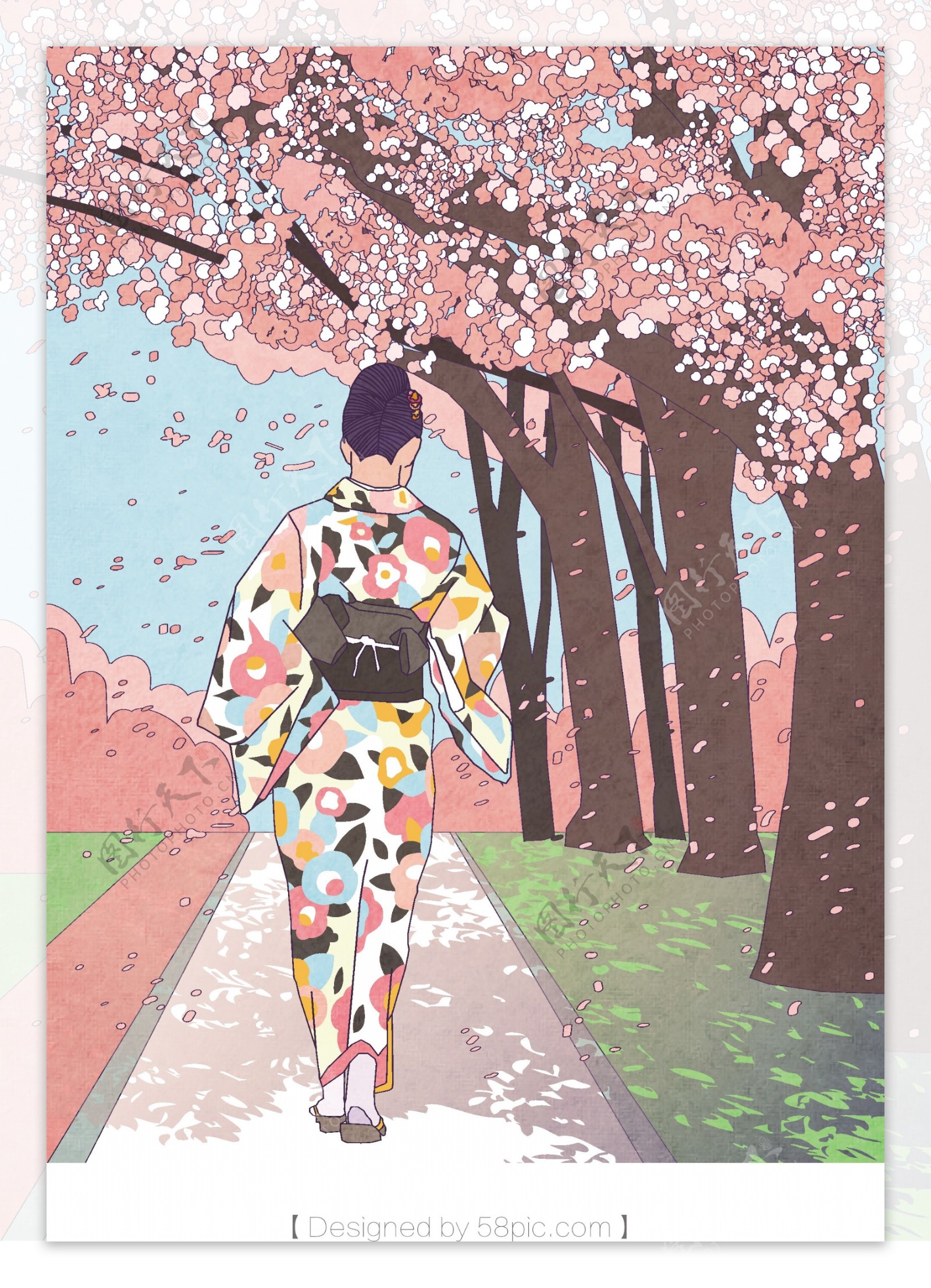 日本樱花节主题少女走在樱花树林插画