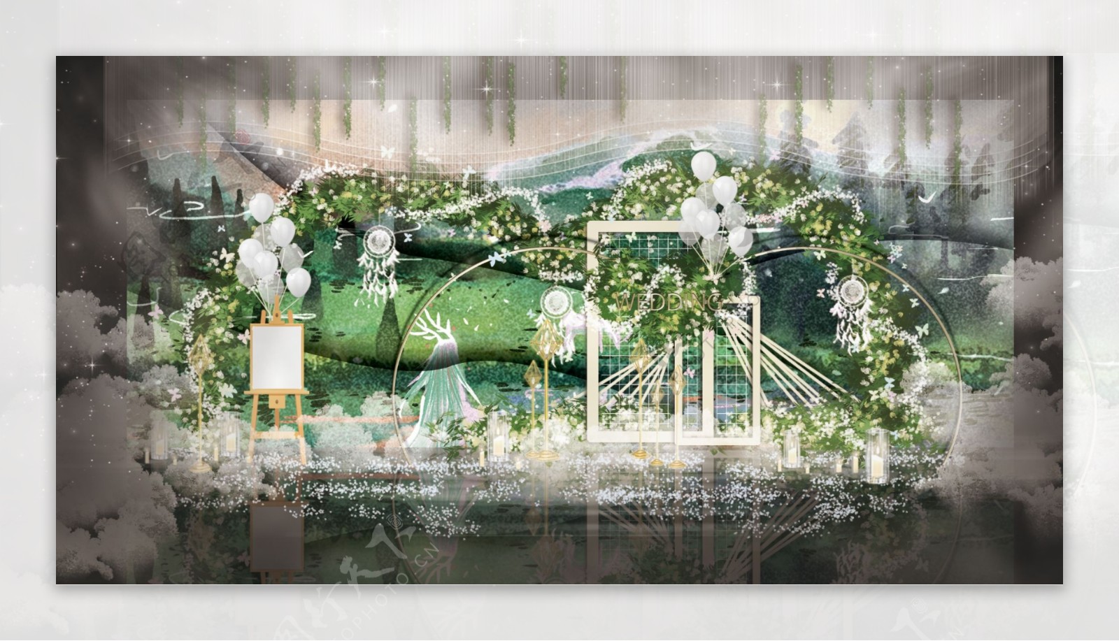 绿色森系简约小清新婚礼工装效果图