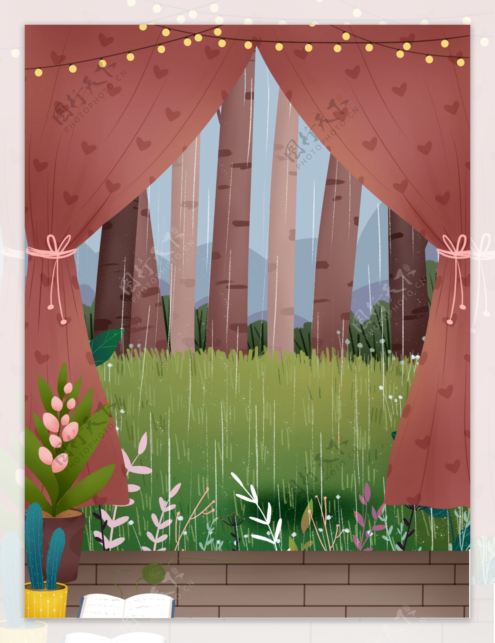 手绘窗帘外的草地树林背景设计