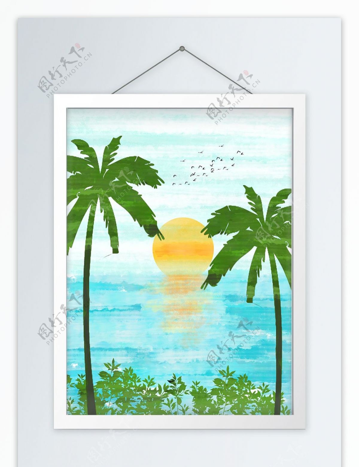 现代简约手绘海滩椰子树客厅装饰画