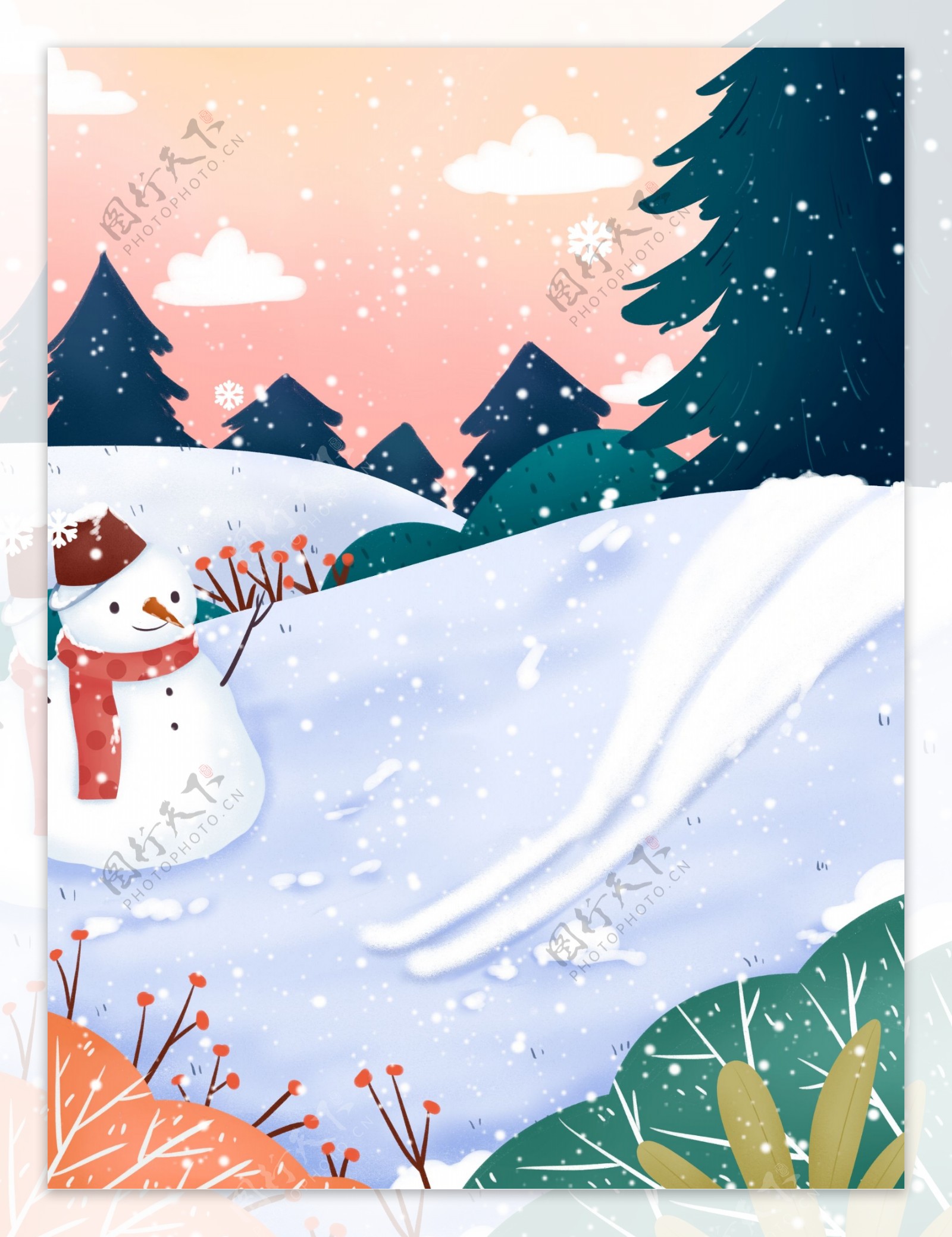 手绘冬季滑雪场雪人背景设计