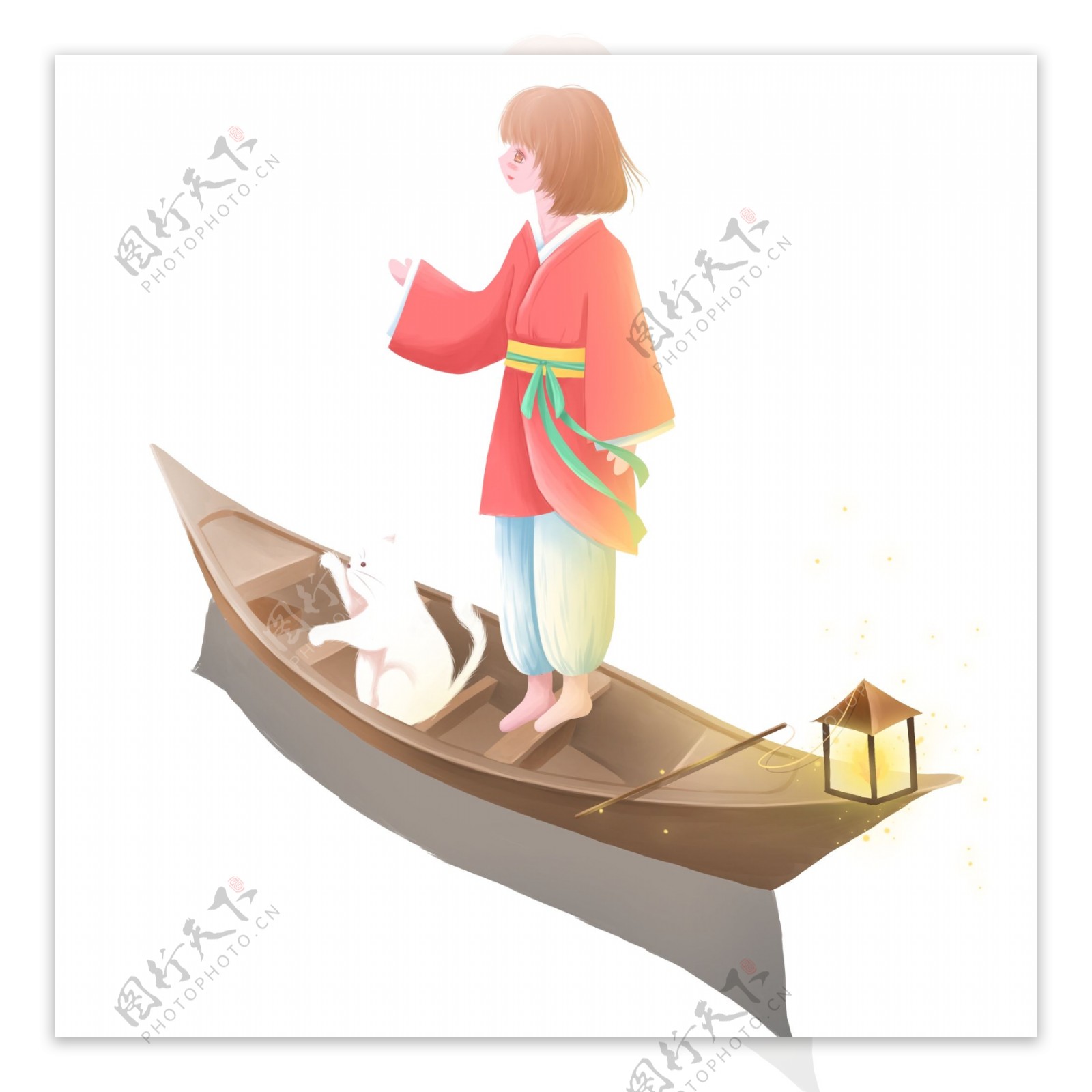 卡通手绘船上的女孩装饰免扣素材