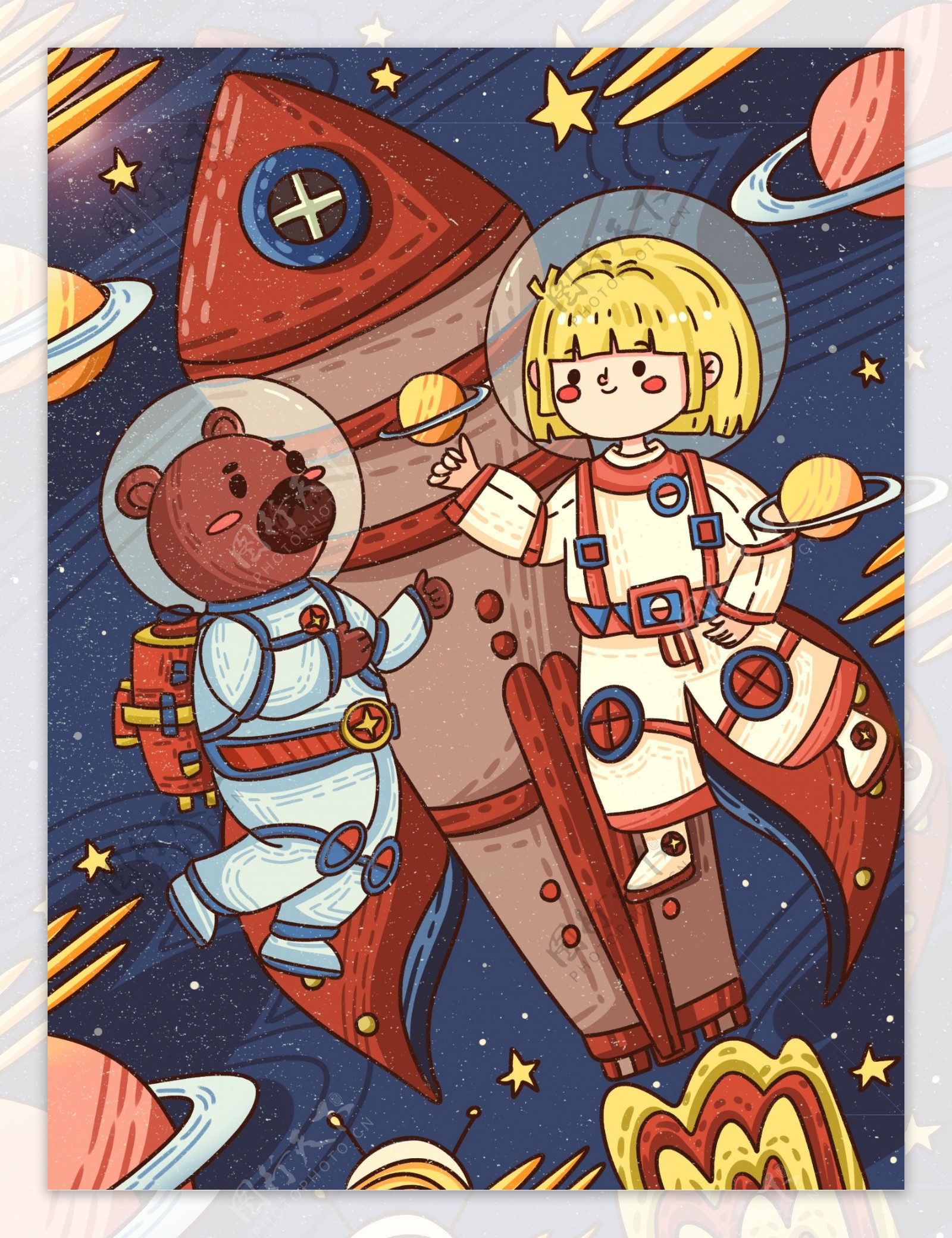 创意卡通国际航天日飞上太空航行的宇航和熊