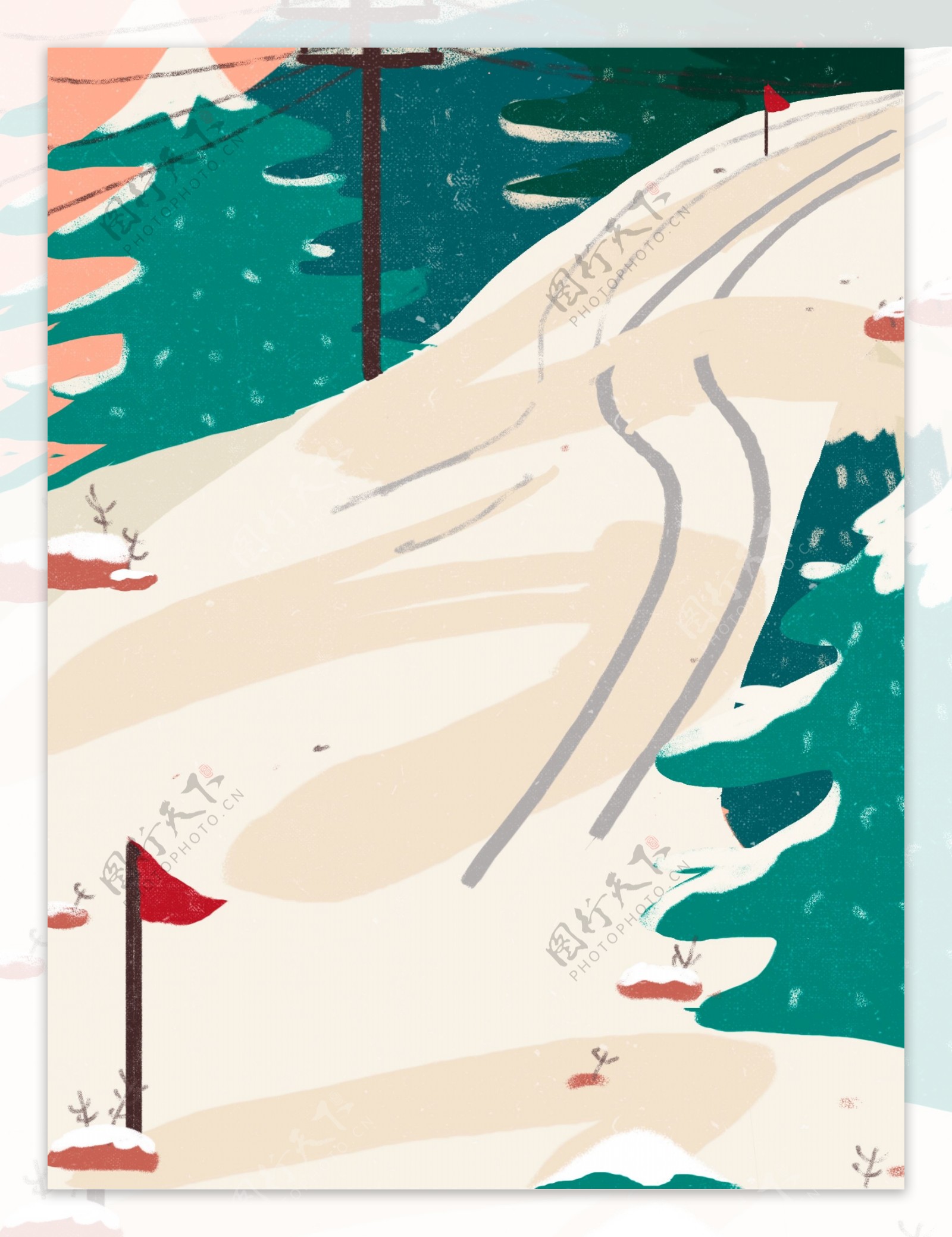 彩绘冬季雪山树林背景设计