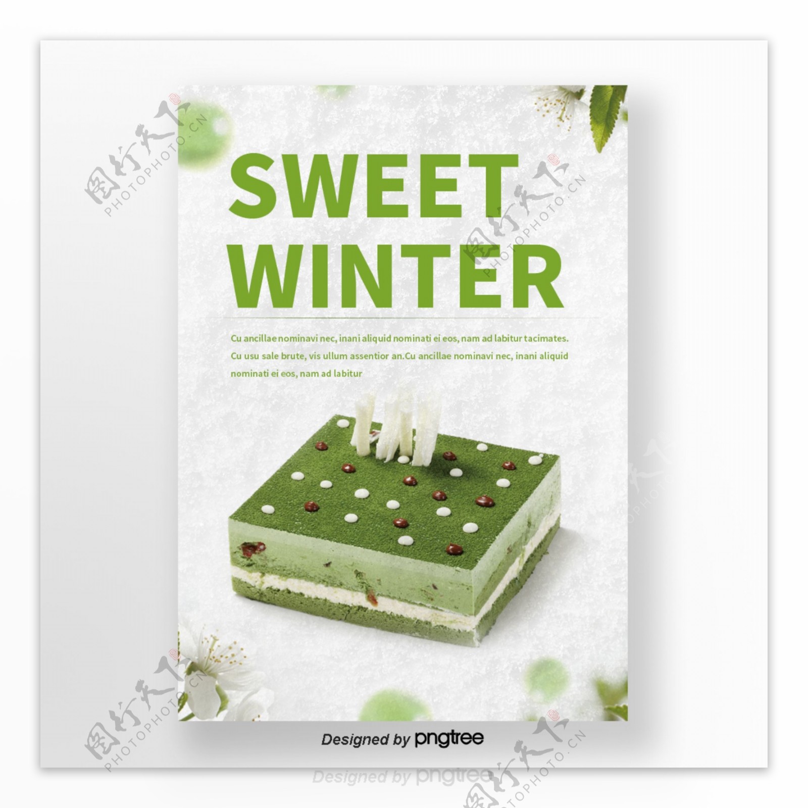 白色雪板绿色叶马蛋糕冬甜食品海报