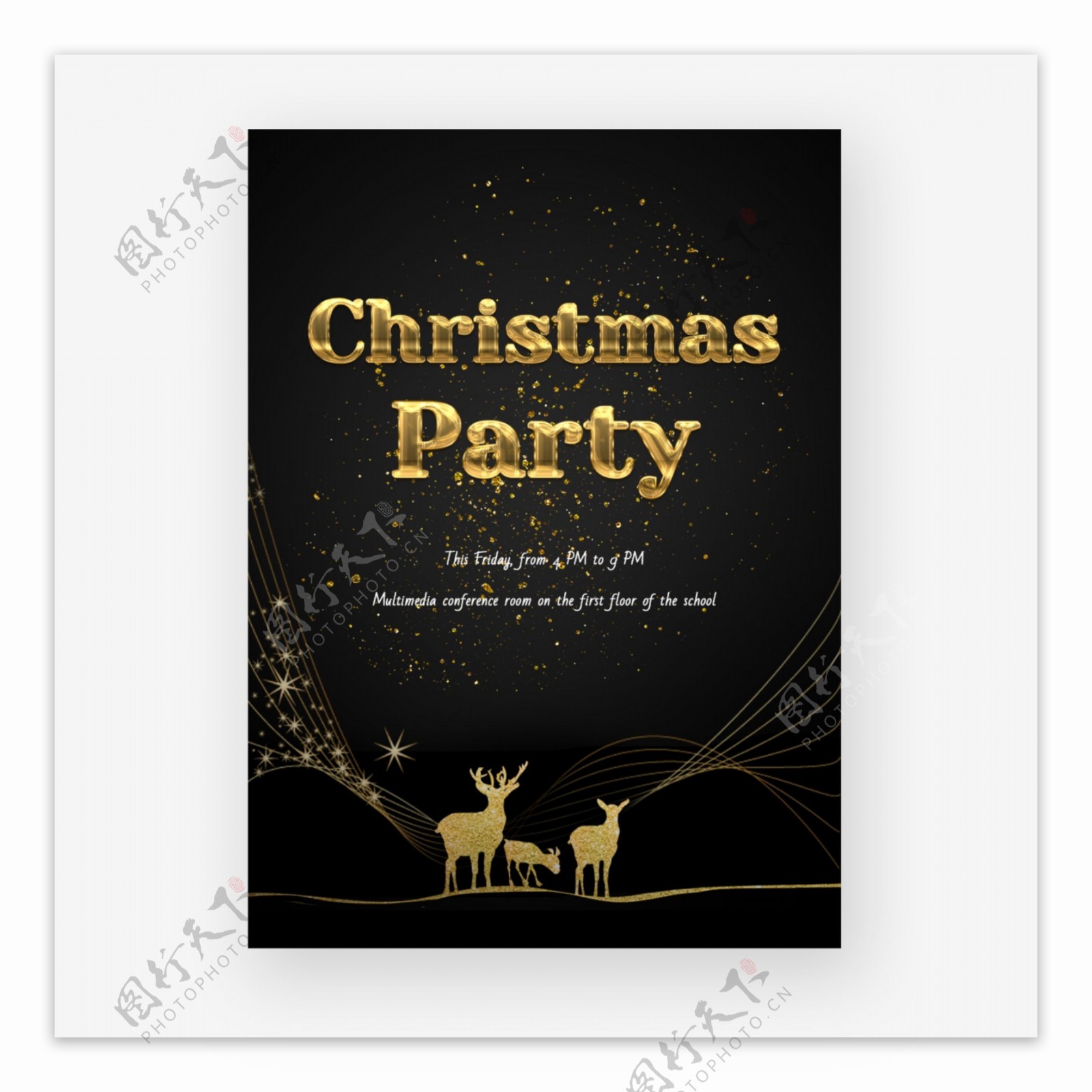 与梅花鹿的金色圣诞派对的美丽海报