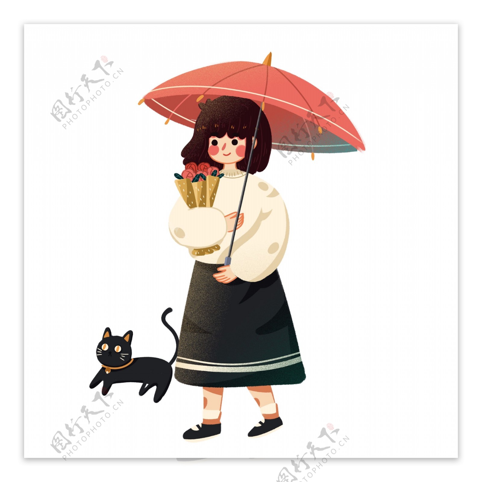 打伞的美丽女孩和猫png元素