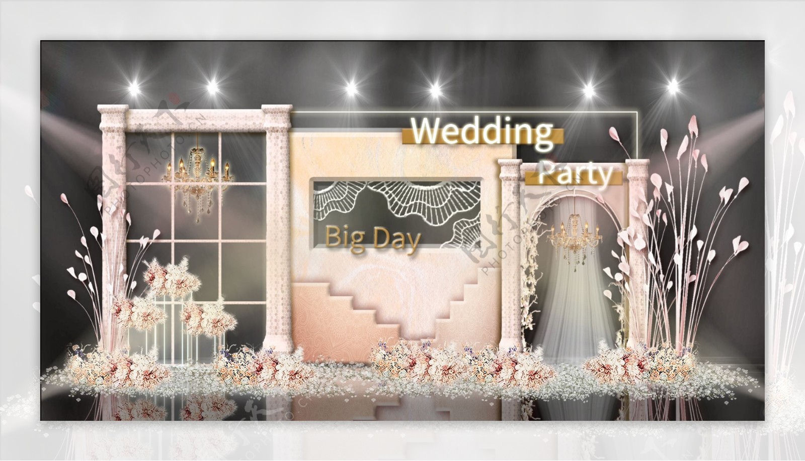 香槟色摩洛哥风阶梯式舞台拱门婚礼效果图
