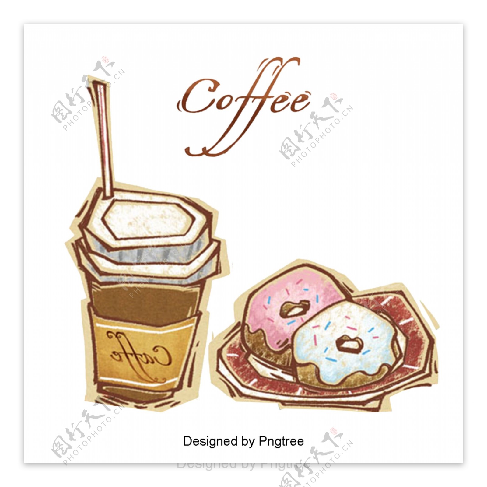 美丽可爱的卡通手绘咖啡休闲饮料