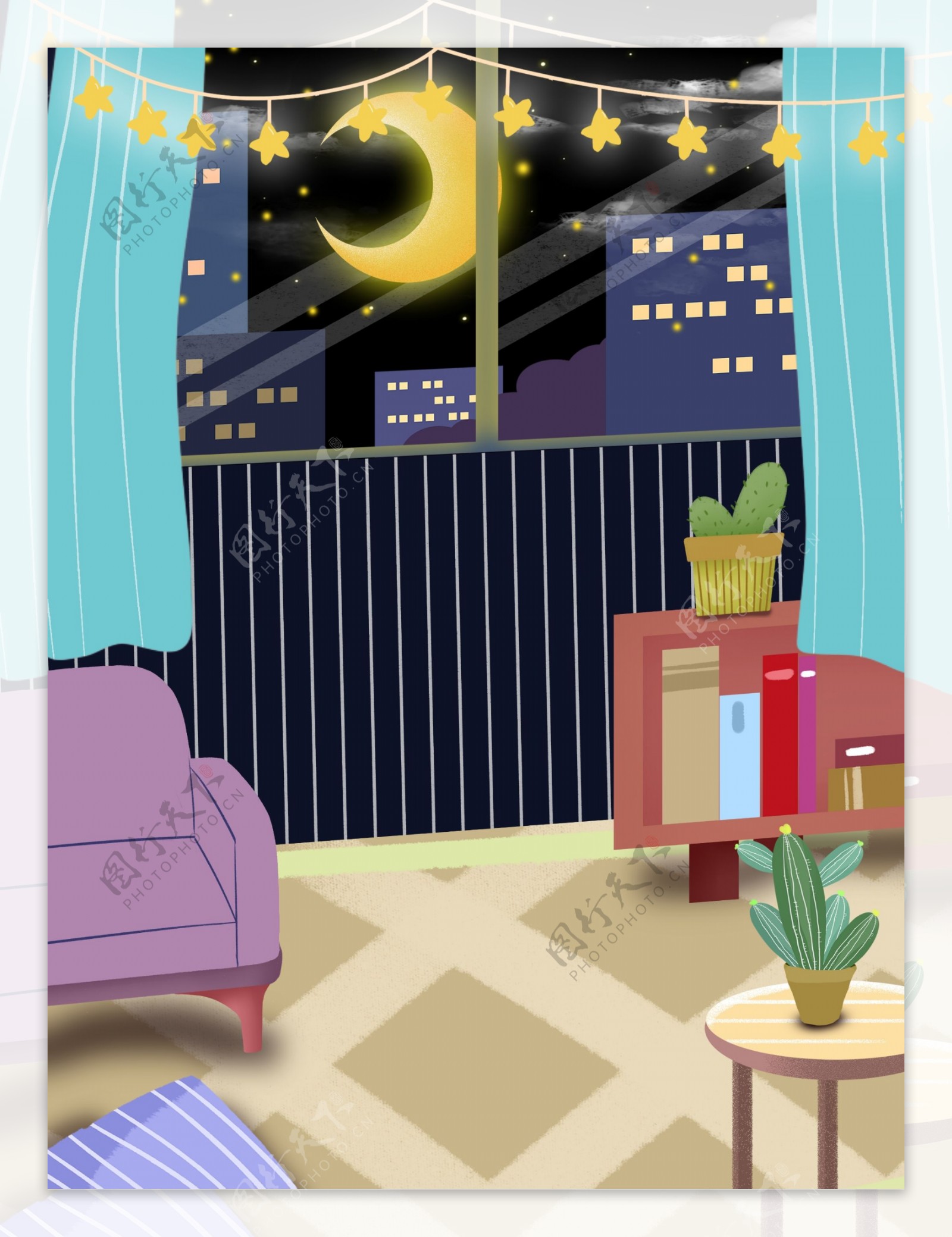 晚安世界可爱卡通卧室居家插画背景