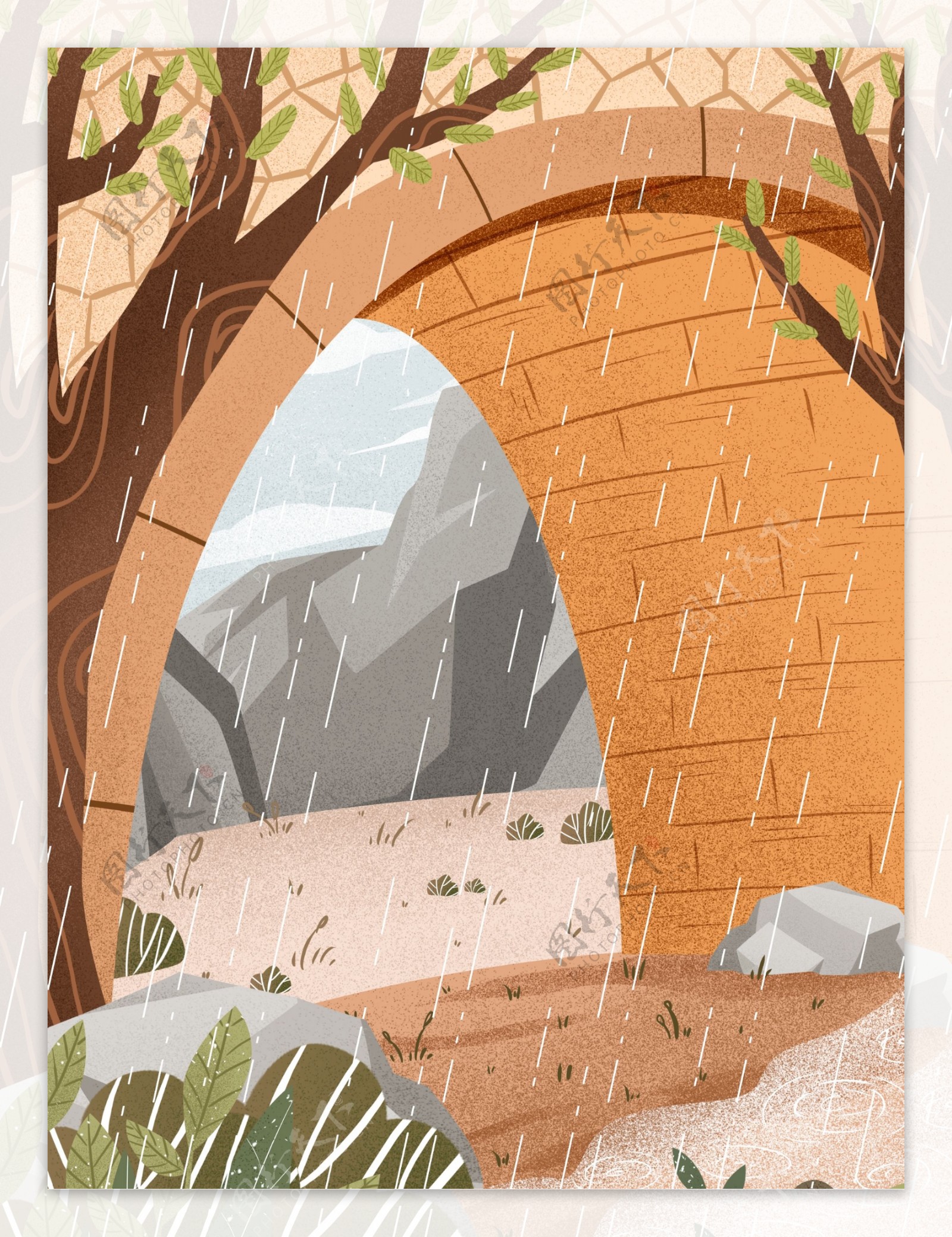 手绘雨季桥下风景插画背景