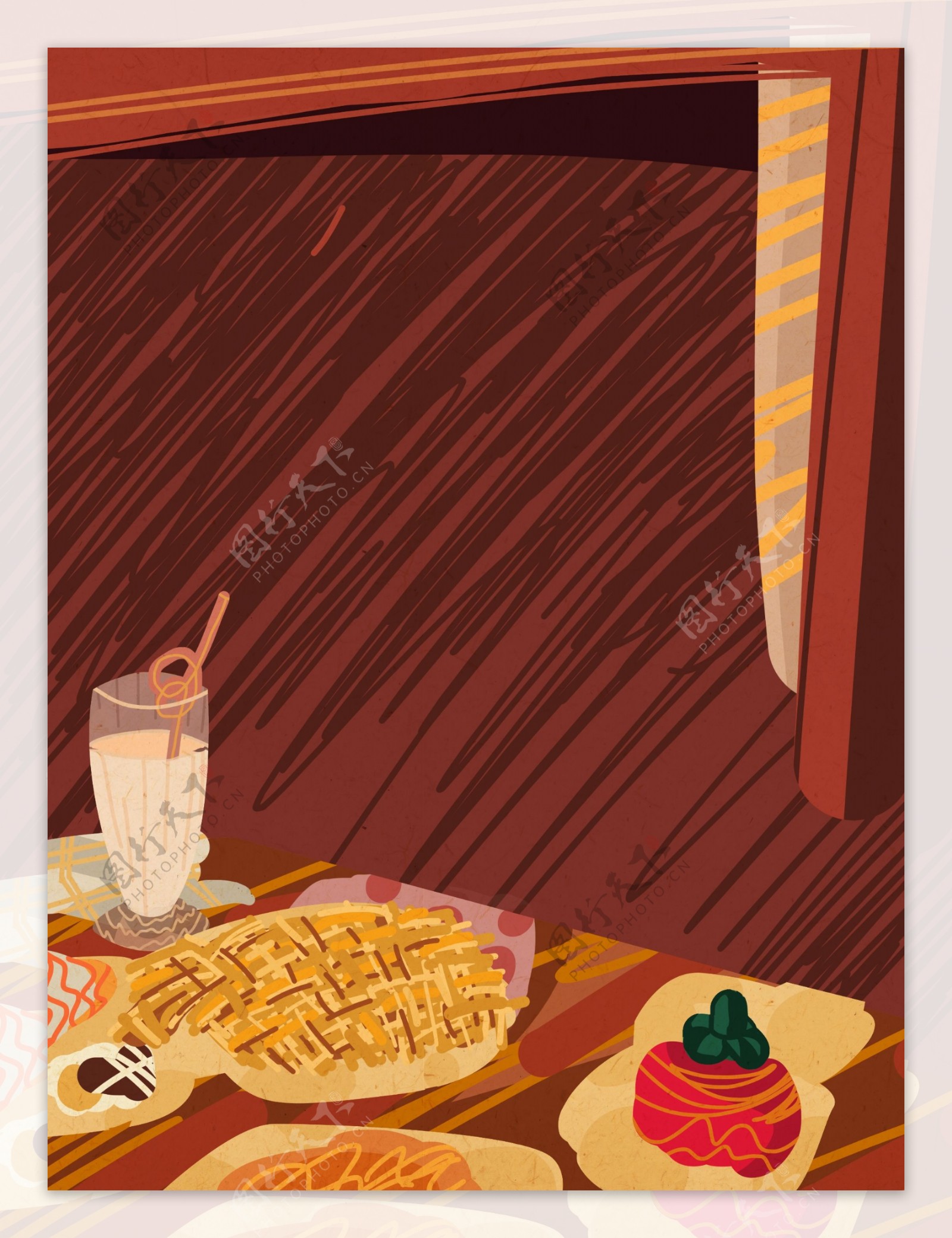 手绘红色早餐美食插画背景