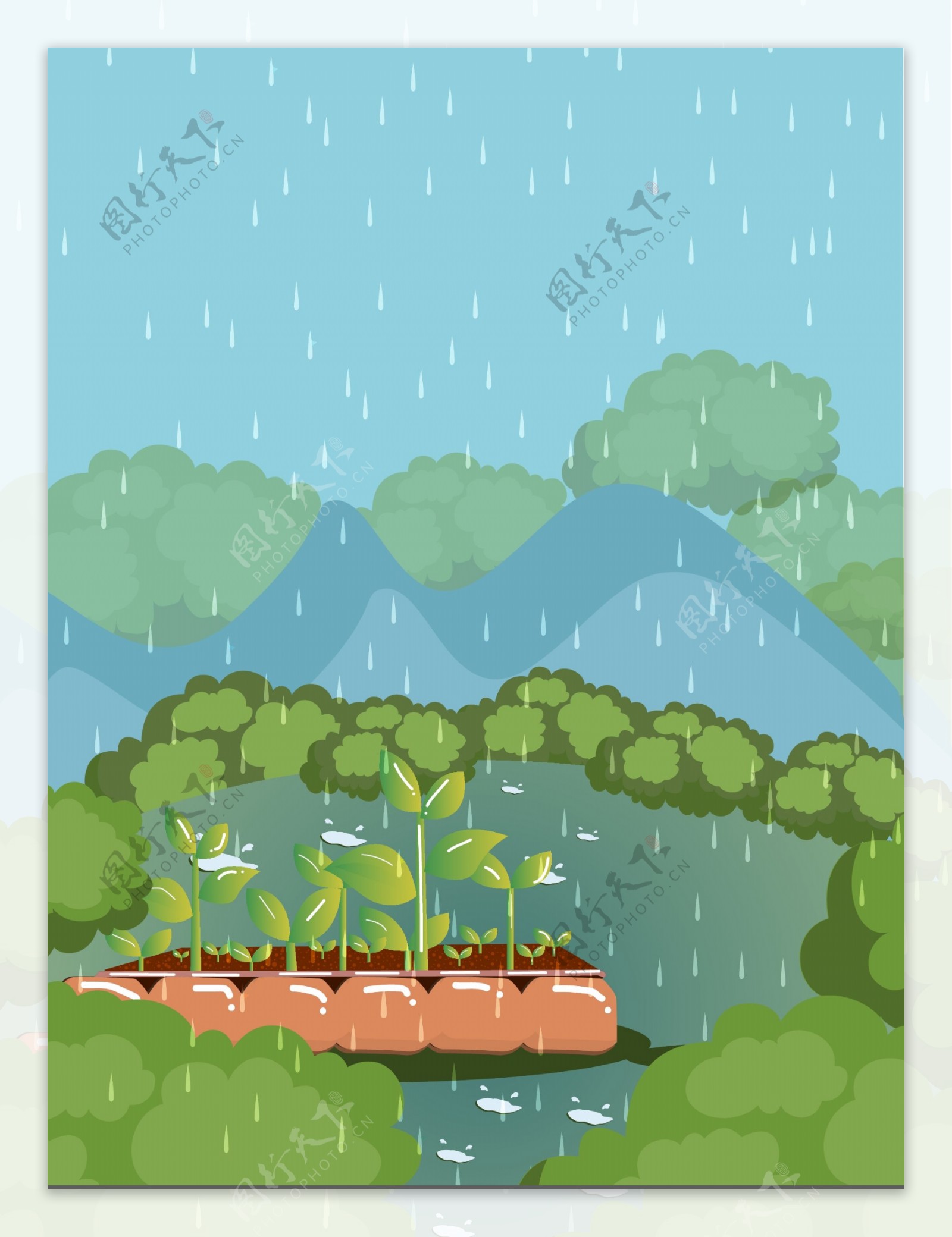 绿色雨季风景插画背景设计