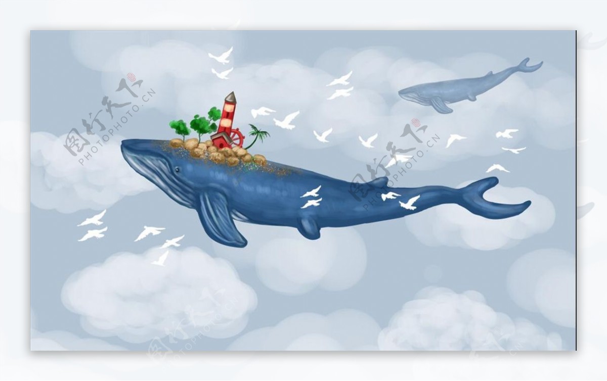 北欧手绘梦幻鲸鱼风景画油画背景