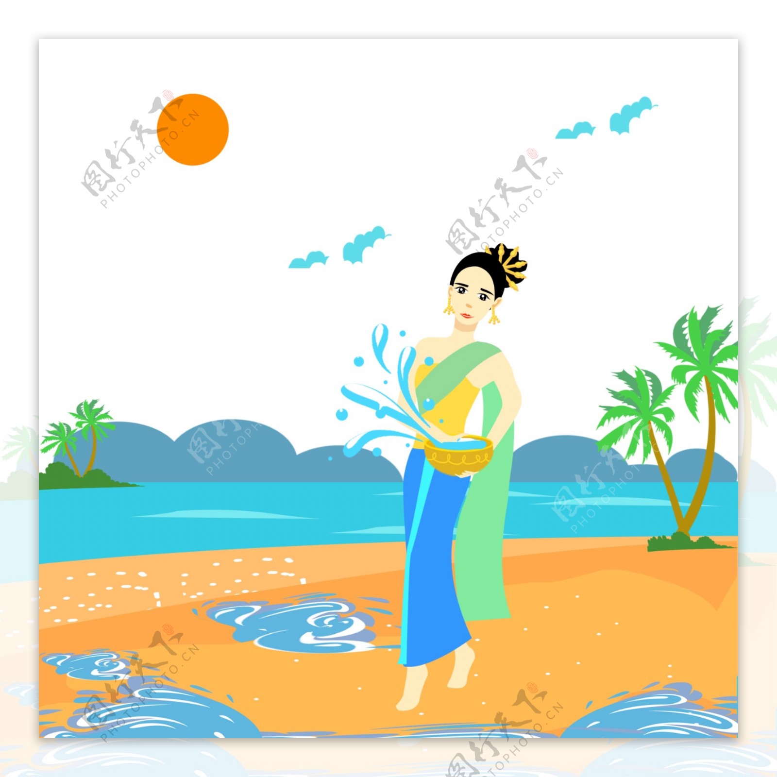 女人集泰国泼水节海滨沙滩水黄蓝绿