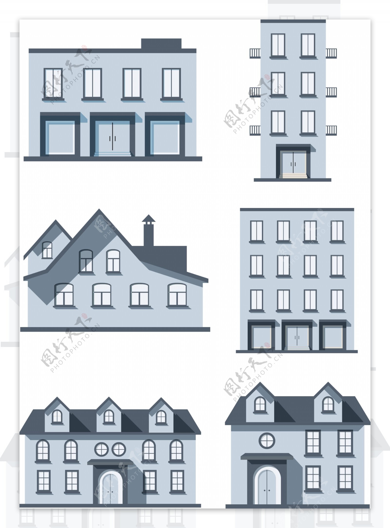房子建筑物卡通手绘矢量背景元素组合