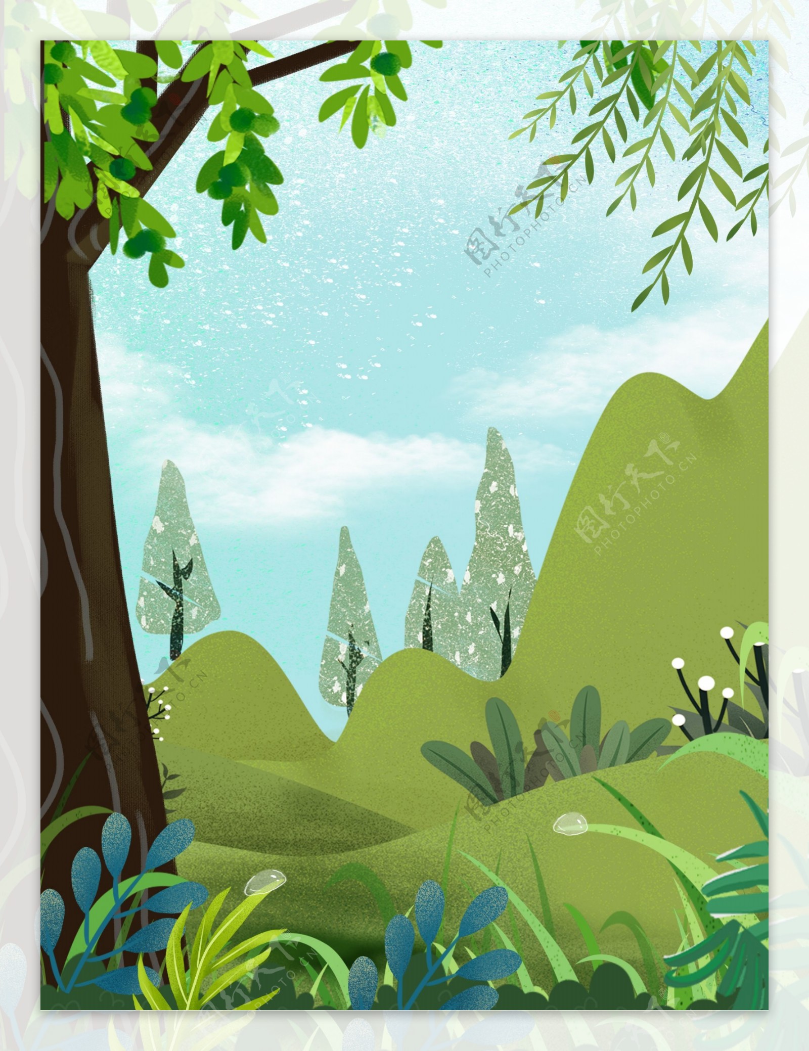 绿色唯美手绘树林风景背景设计