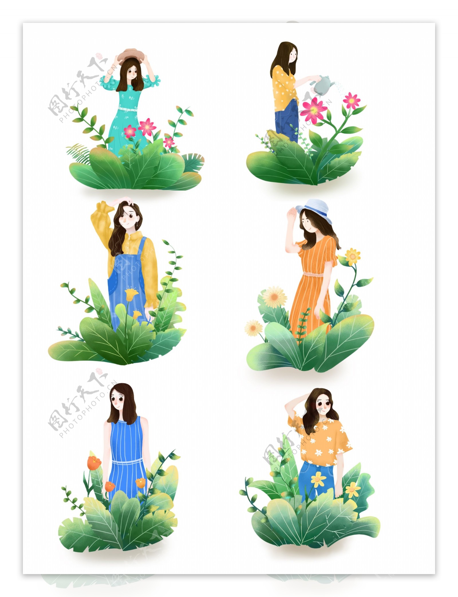 手绘春天绿植鲜花女孩人物元素装饰图案合集