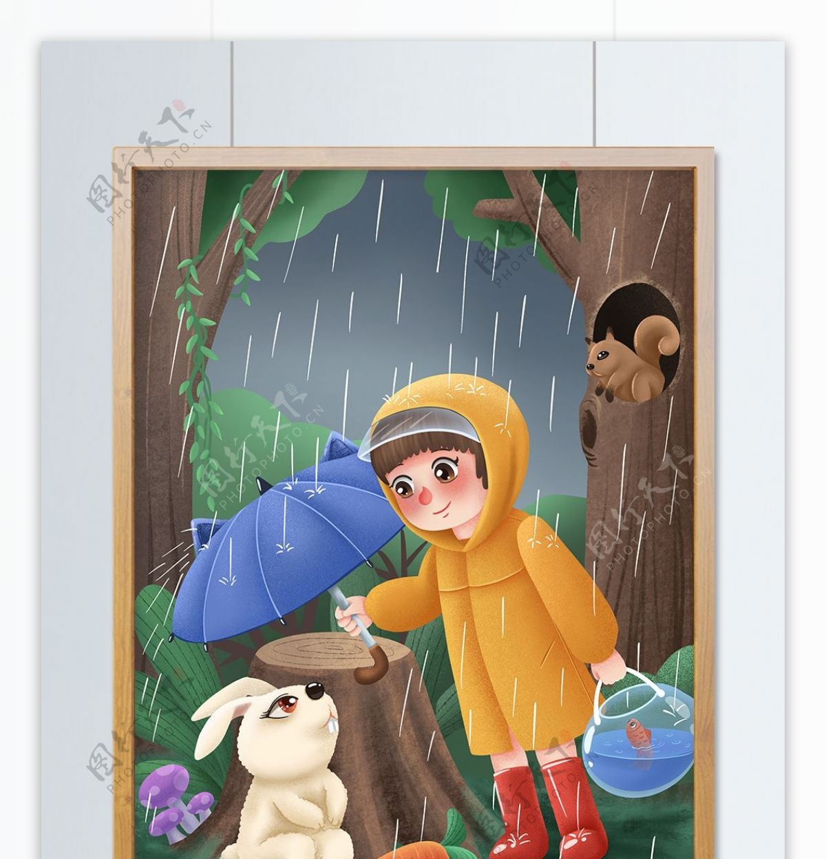 二十四节气谷雨之女孩为小兔子撑伞