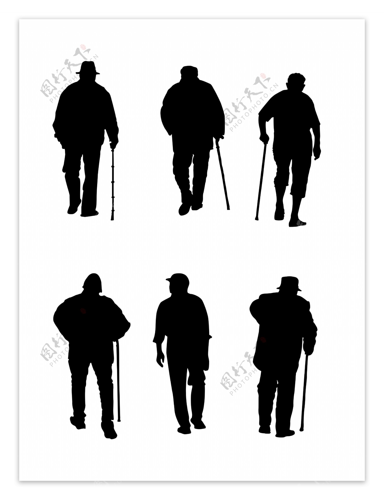 黑色矢量老年人拄拐杖人物剪影元素合集