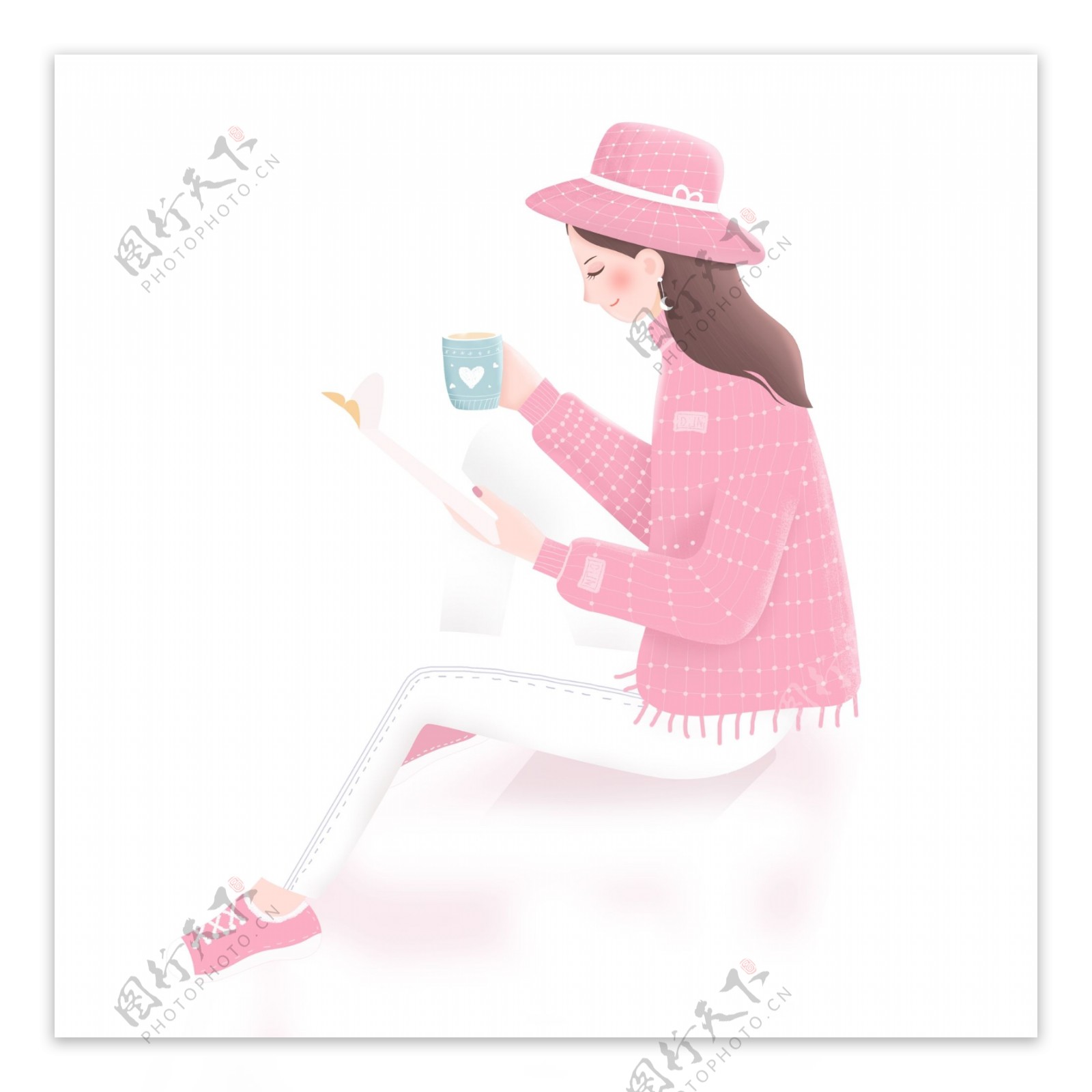 拿着咖啡坐着看书的女孩图案元素